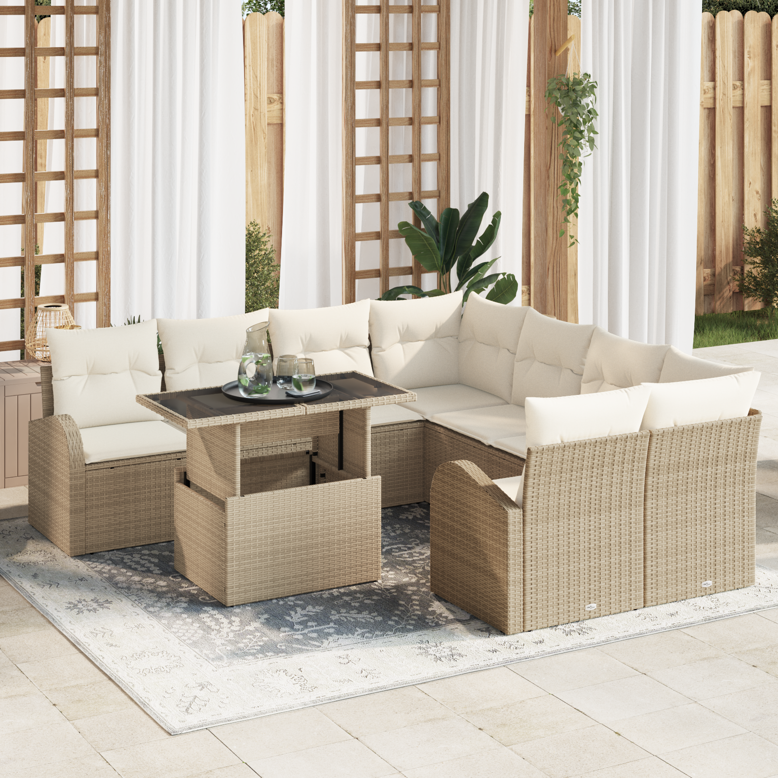 Trädgårdsoffset med kudde med lagring 9 pcs Beige Poly Rattan