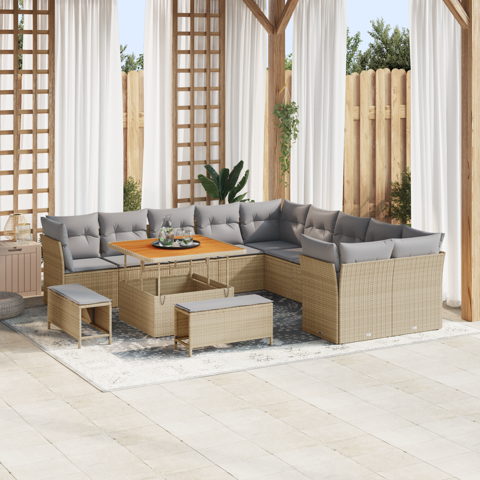 Trädgårdsoffset med kudde 13 pcs Beige och Ljusgrå konstrotting