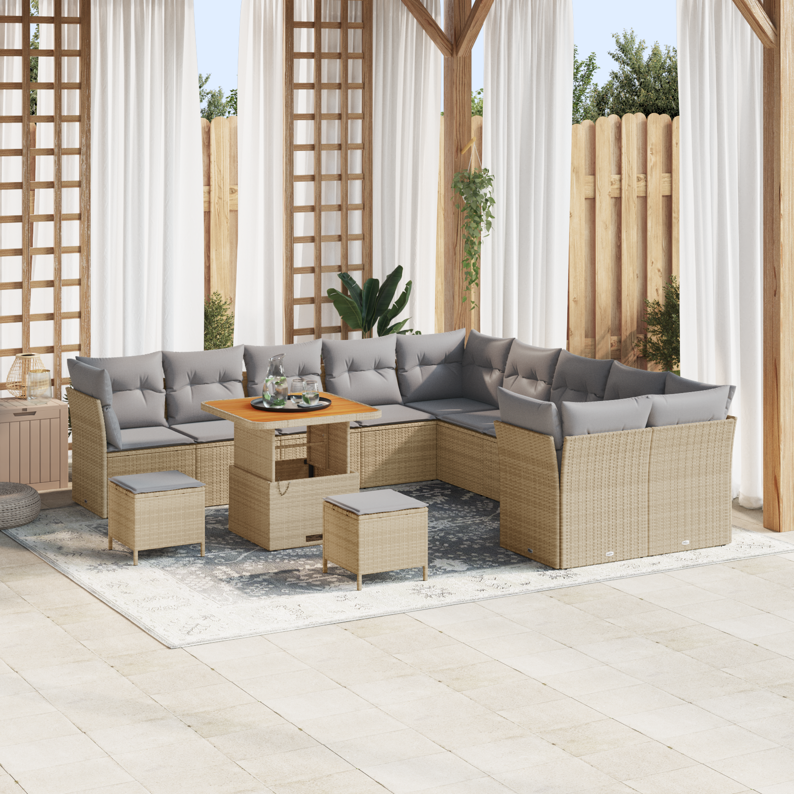 Trädgårdsoffset med kudde 13 pcs Beige och Ljusgrå konstrotting