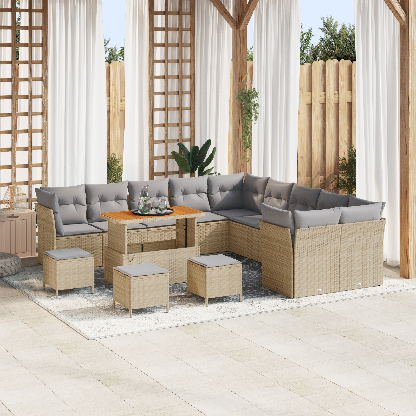 Trädgårdsoffset med kudde 14 pcs Beige och Ljusgrå konstrotting
