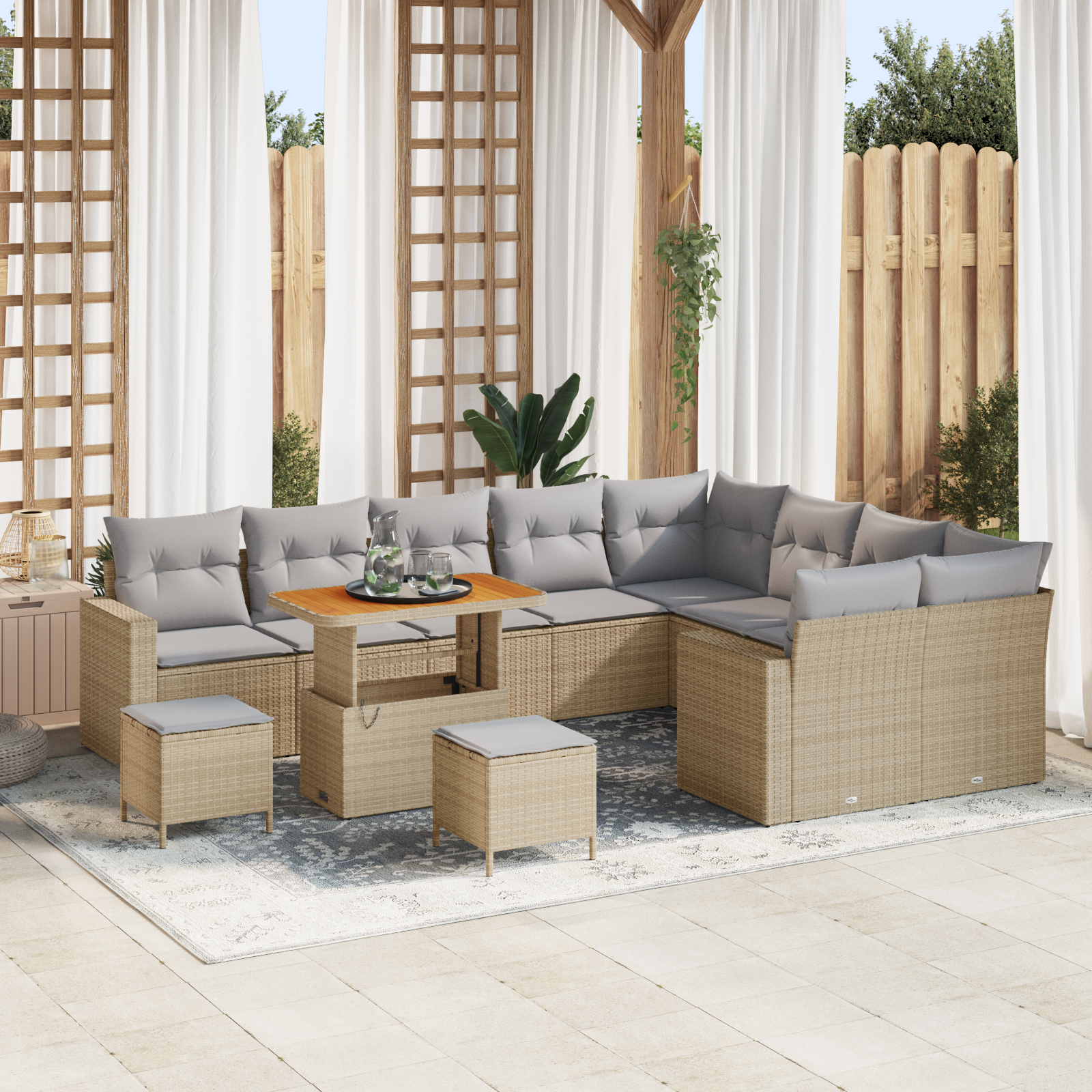 Trädgårdsoffset med kudde 13 pcs Beige och Ljusgrå konstrotting