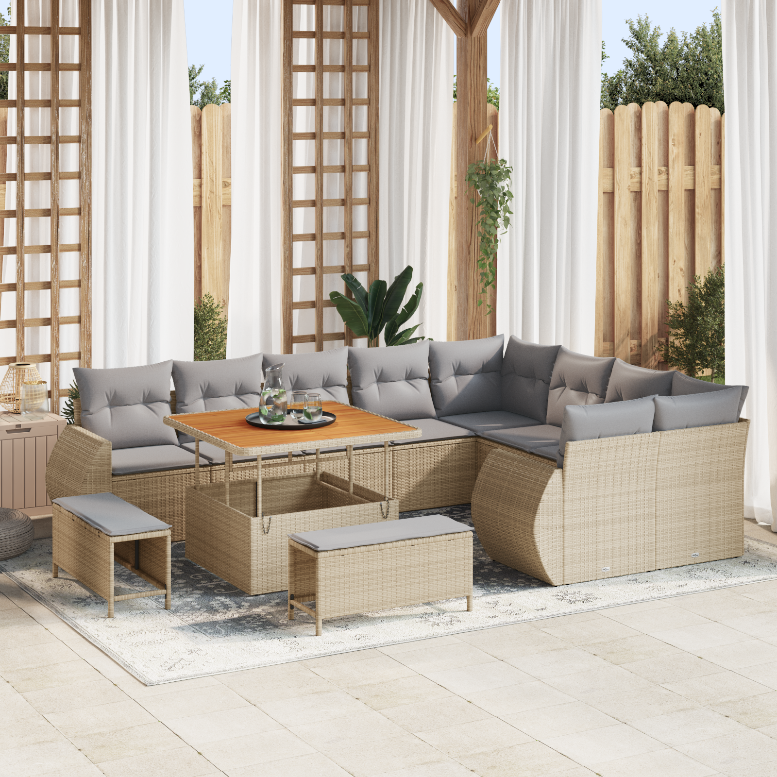 Trädgårdsoffset med kudde 12 pcs Beige och Ljusgrå Poly Rattan