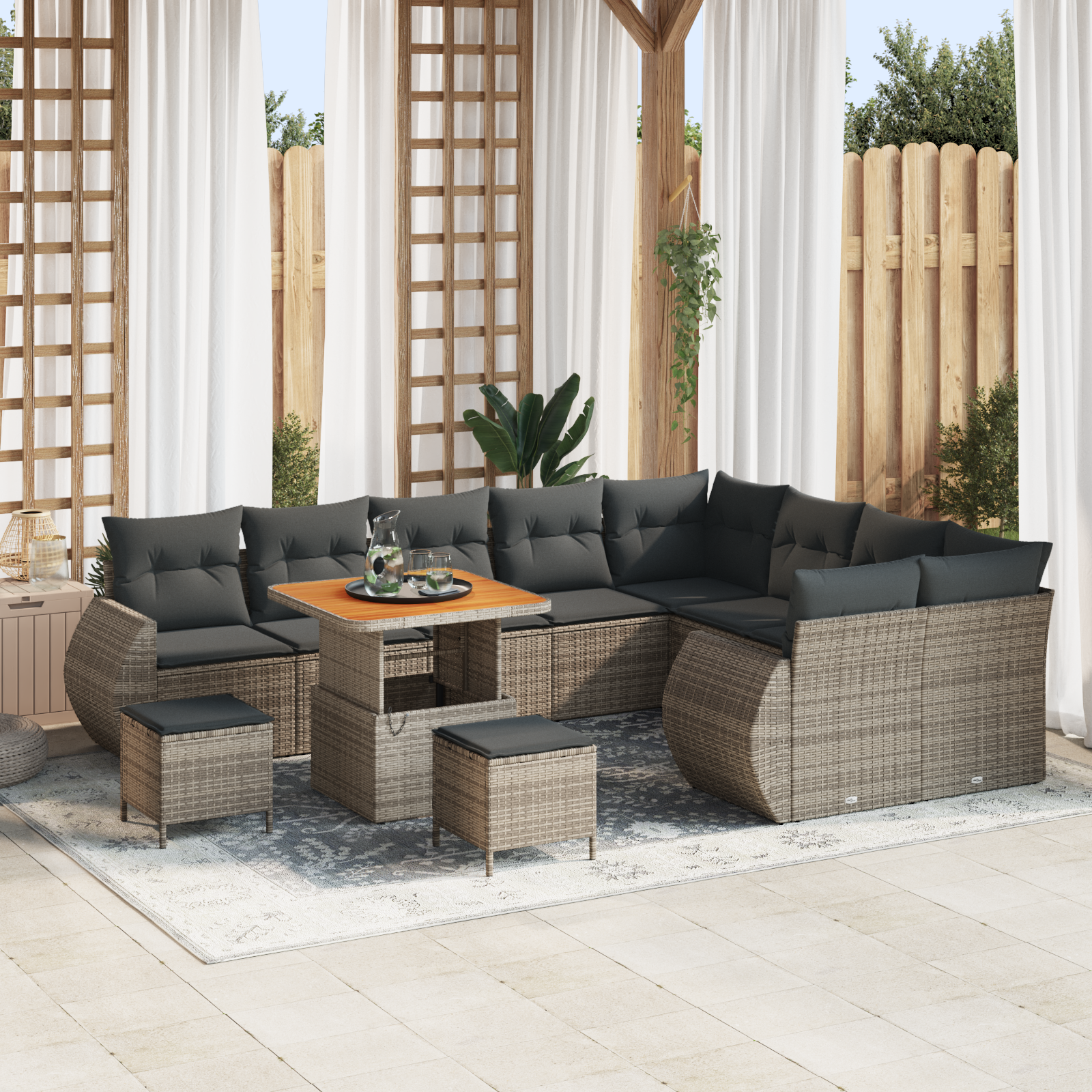 Trädgårdsoffset med kudde med lagring 12 pcs Grå Poly Rattan