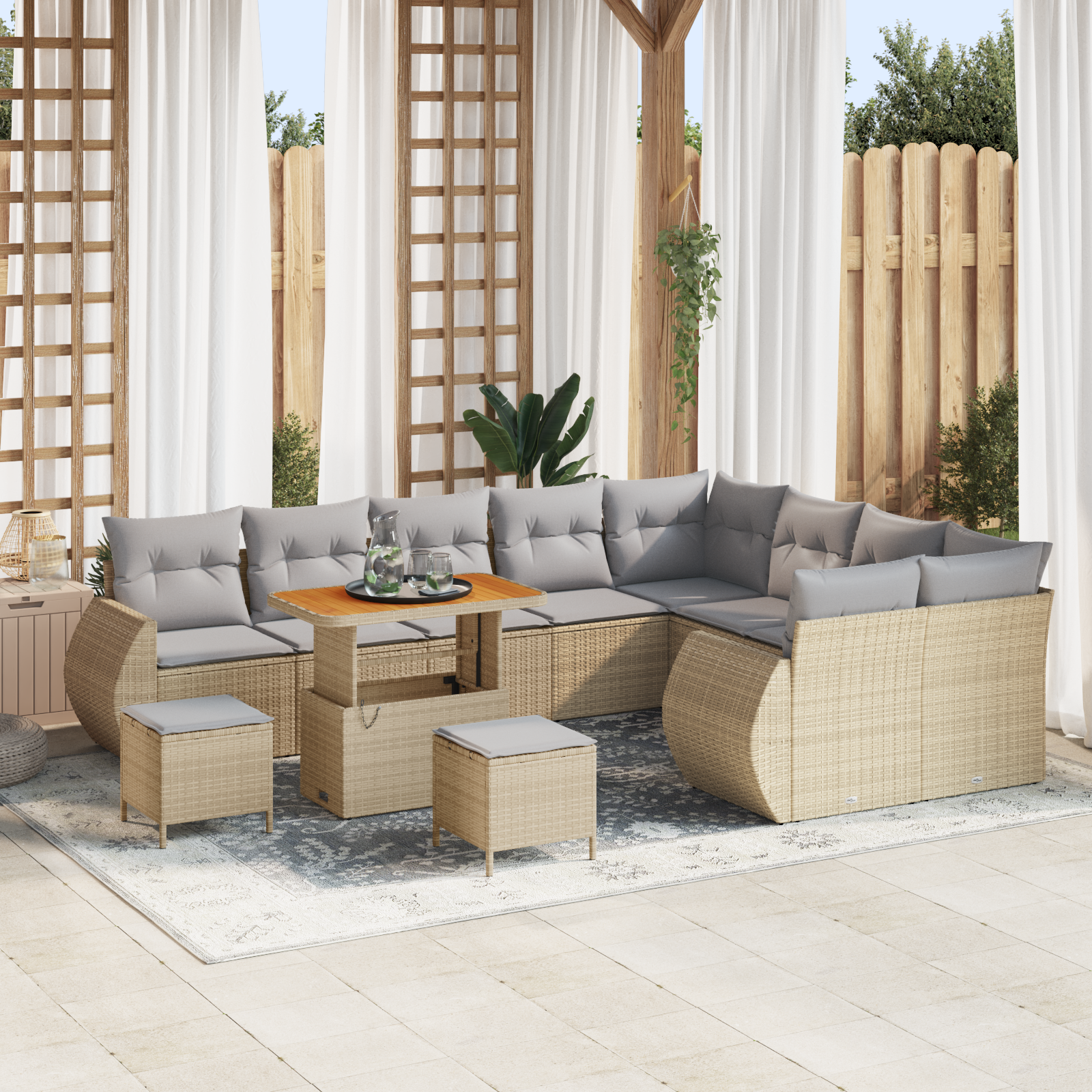 Trädgårdsoffset med kudde 12 pcs Beige och Ljusgrå Poly Rattan