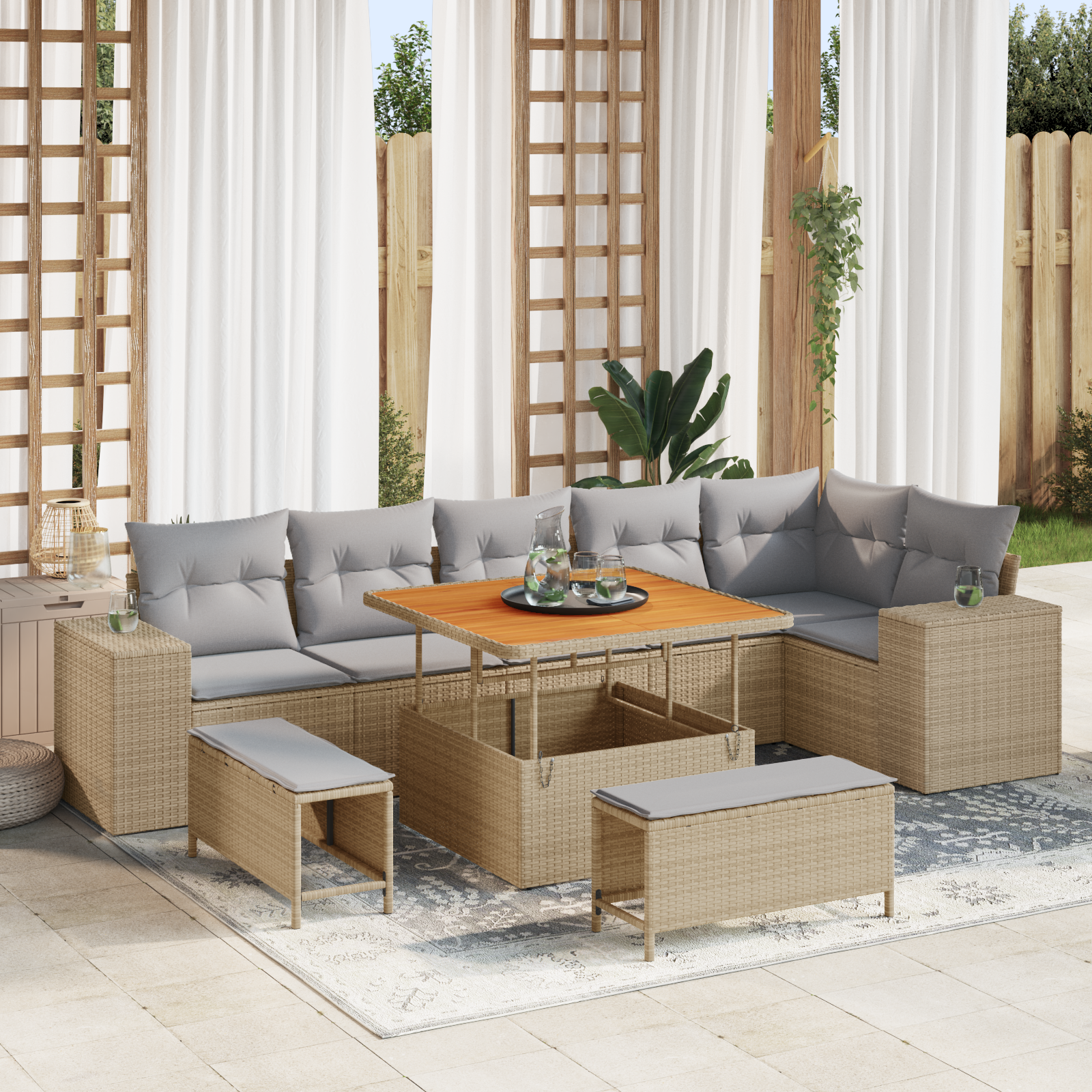 Trädgårdsoffset med kudde 9 pcs Beige och Ljusgrå konstrotting
