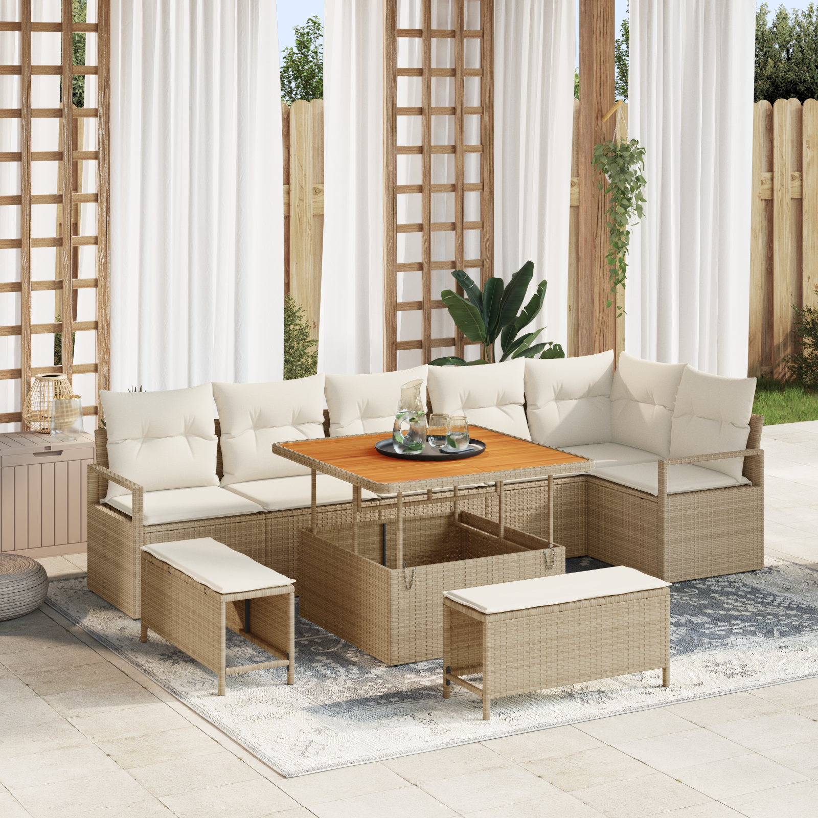 Trädgårdsoffset med kudde 9 pcs Beige och gräddfärgad
