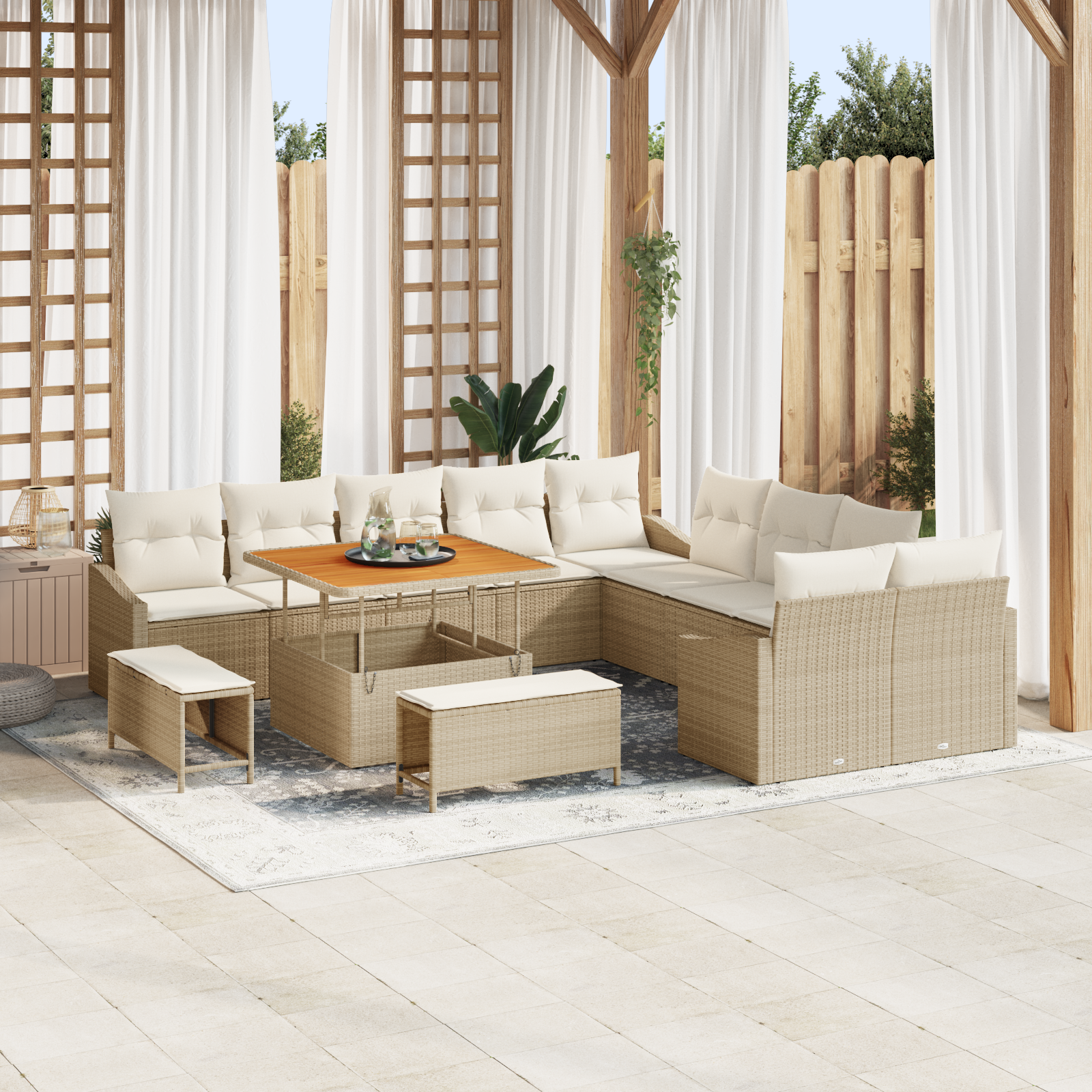 Trädgårdsoffset med kudde med lagring 13 pcs Beige Poly rattan