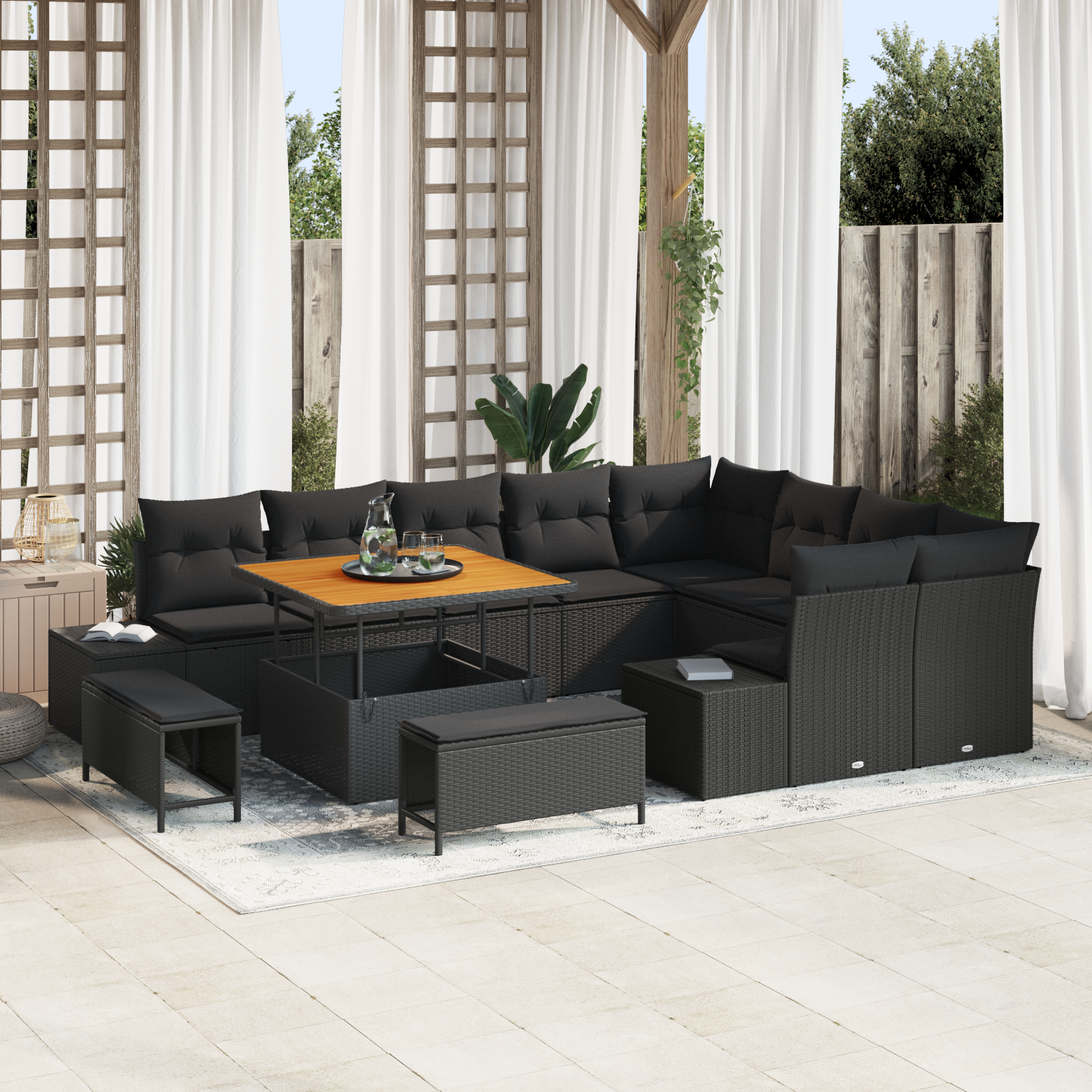Trädgårdsoffset med kudde med lagring 12 pcs Svart Poly rattan
