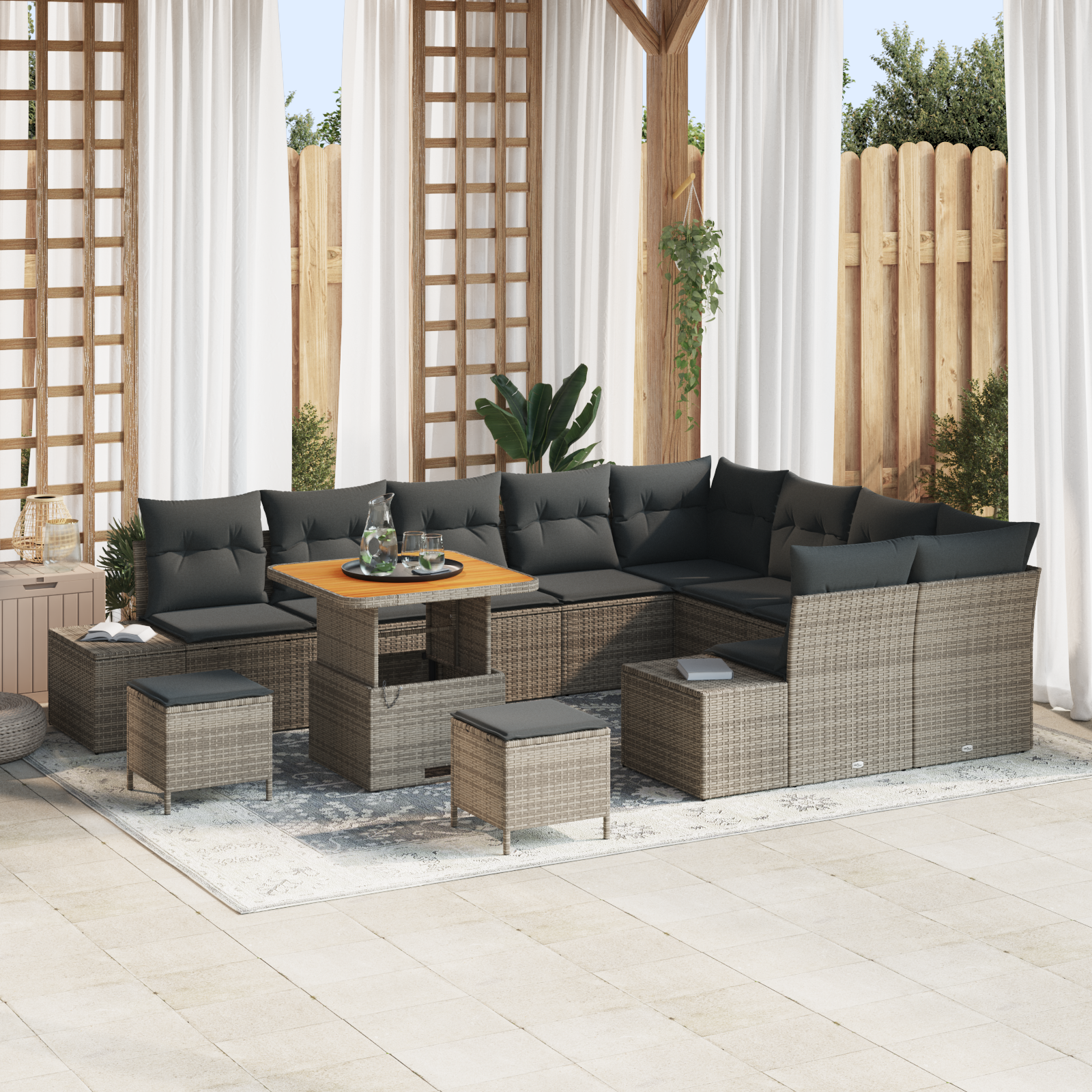 Trädgårdsoffset med kudde med lagring 12 pcs Grå Poly rattan