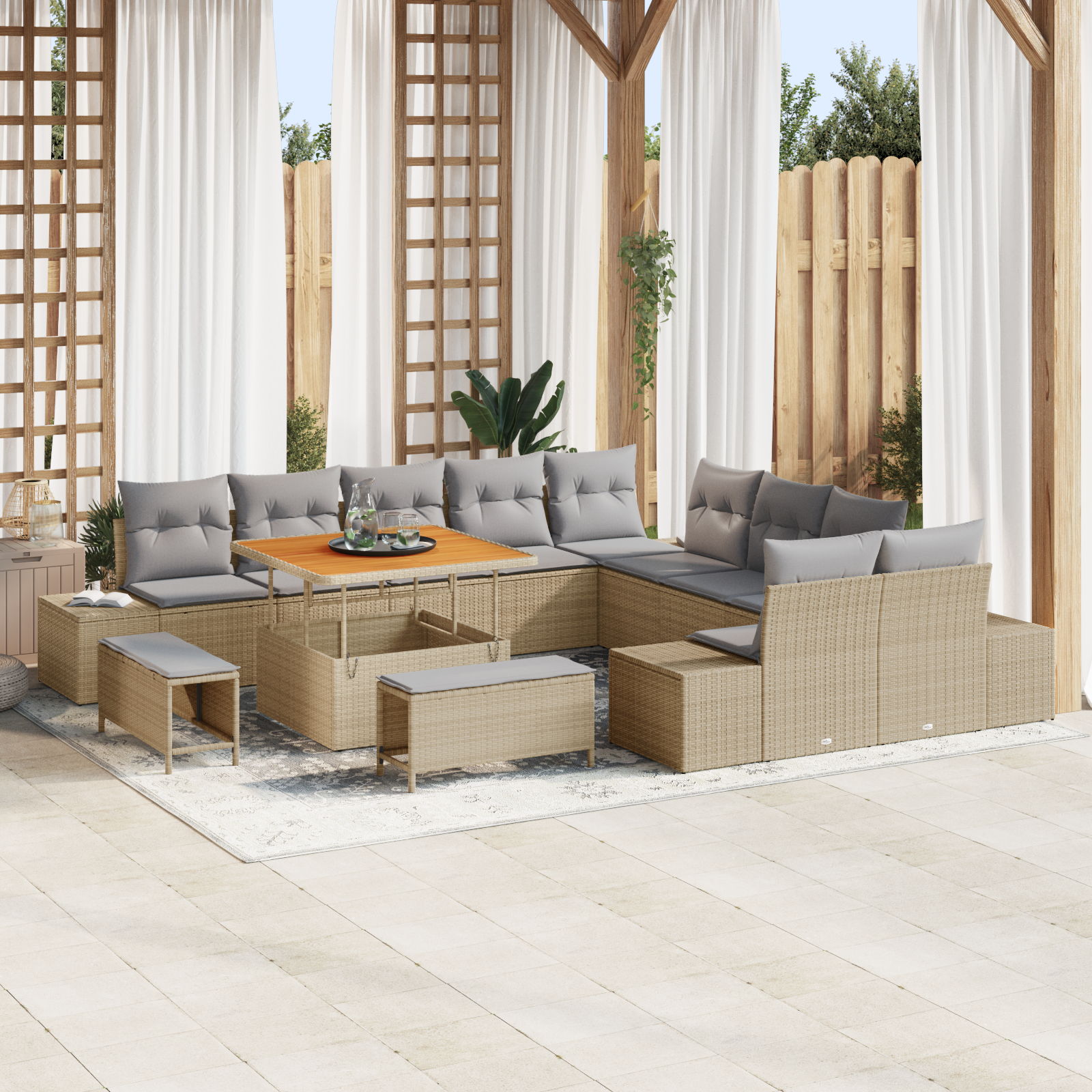 Trädgårdsoffset med kudde med lagring 13 pcs Beige Poly rattan