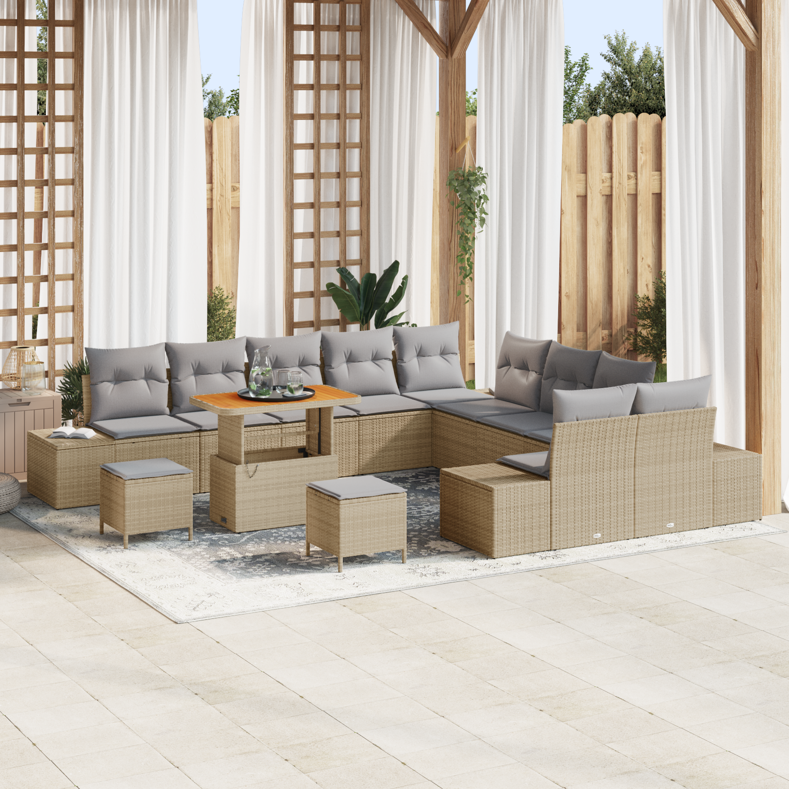 Trädgårdsoffset med kudde med lagring 13 pcs Beige Poly rattan