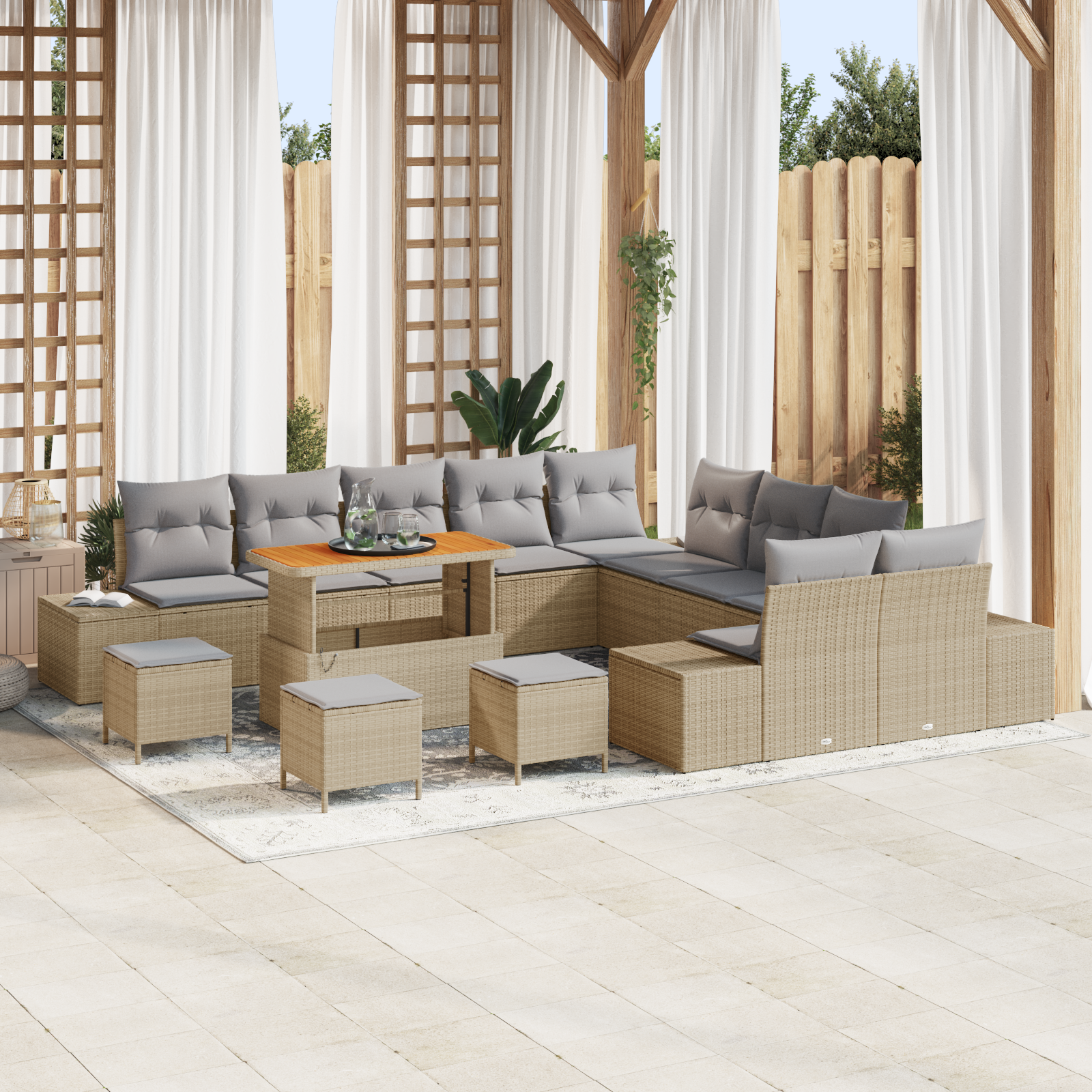 Trädgårdsoffset med kudde med lagring 14 pcs Beige Poly rattan
