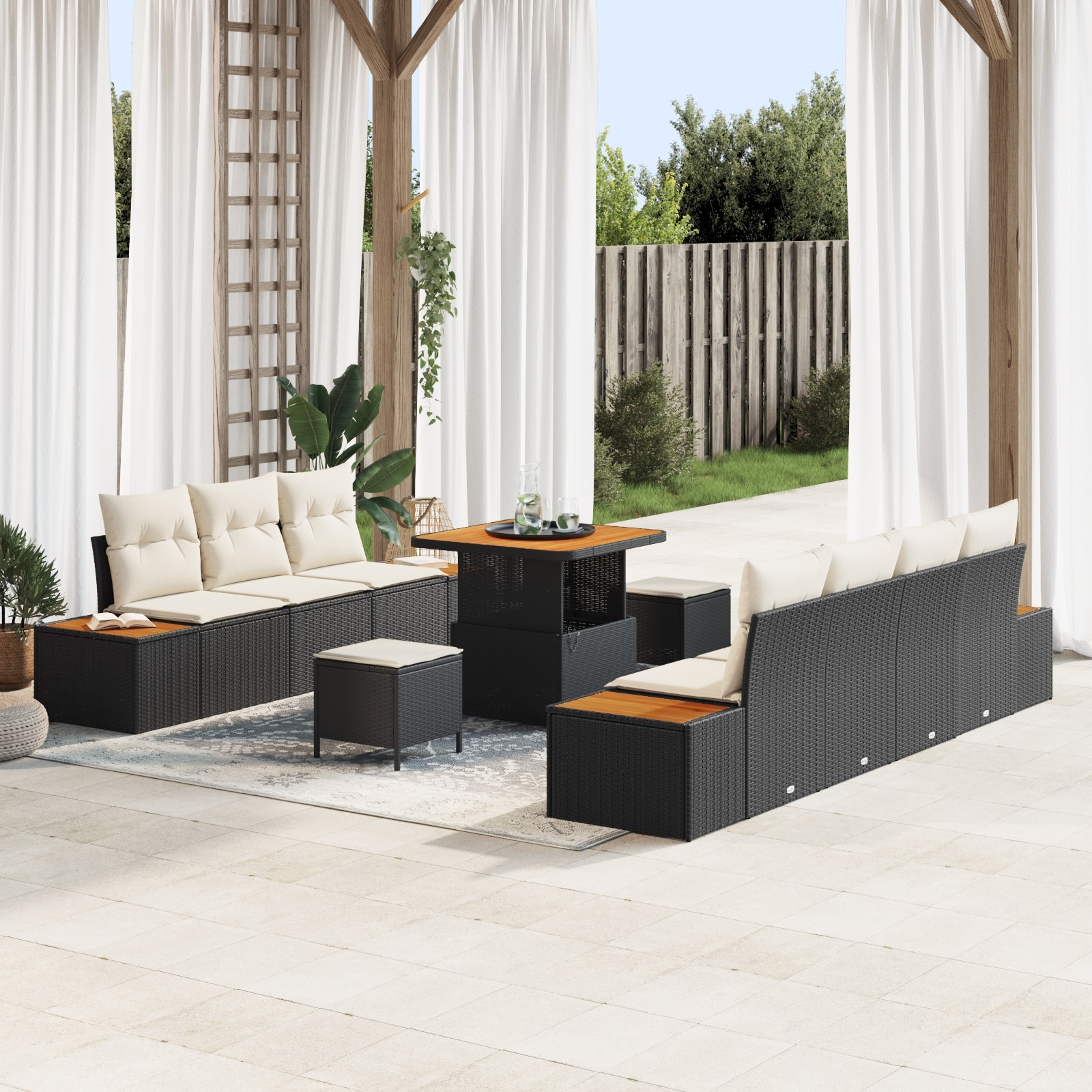 Trädgårdsoffset med kudde med lagring 10 pcs Svart Poly rattan