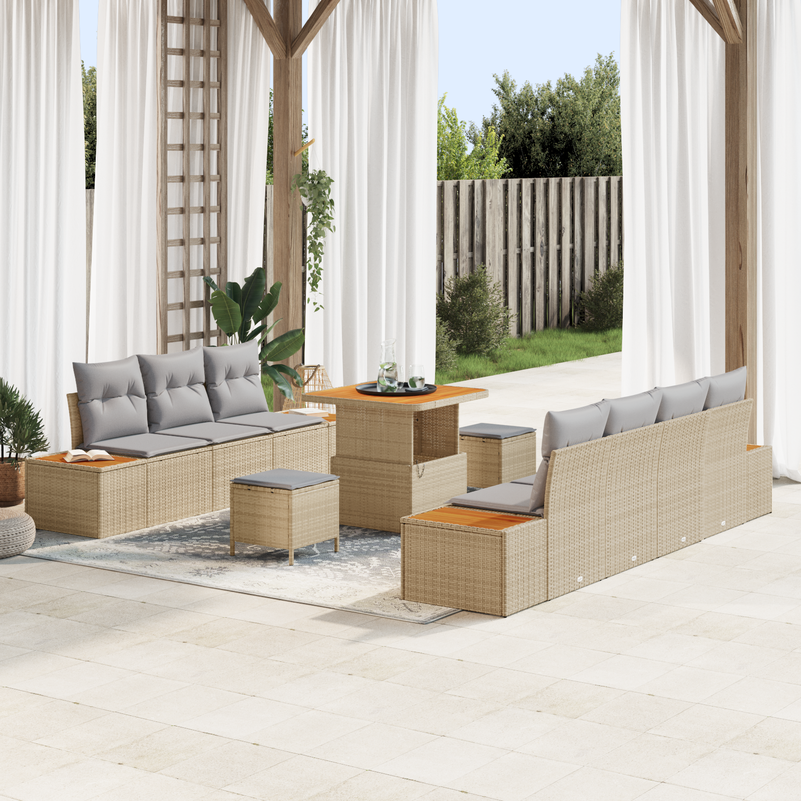 Trädgårdsoffset med kudde med lagring 10 pcs Beige Poly rattan