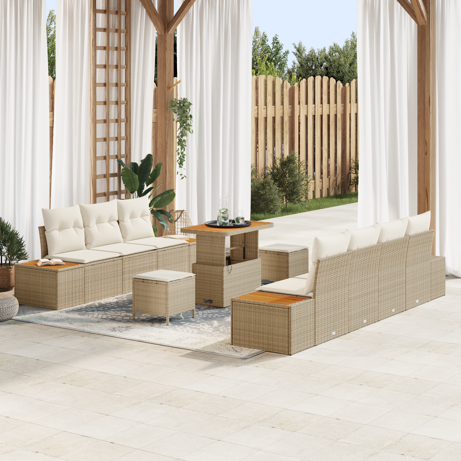 Trädgårdsoffset med kudde med lagring 10 pcs Beige Poly rattan