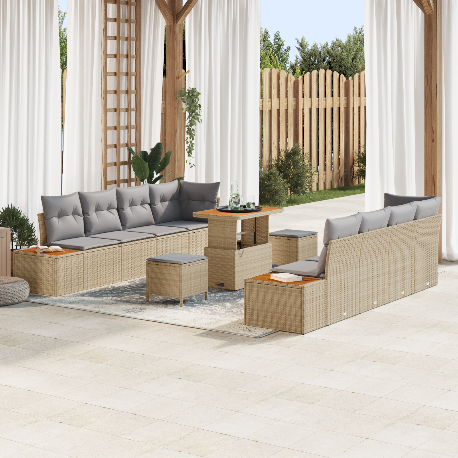 Trädgårdsoffset med kudde med lagring 11 pcs Beige Poly rattan