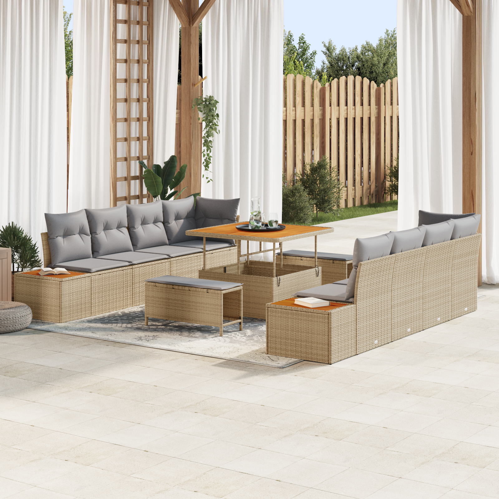 Trädgårdsoffset med kudde med lagring 11 pcs Beige Poly rattan