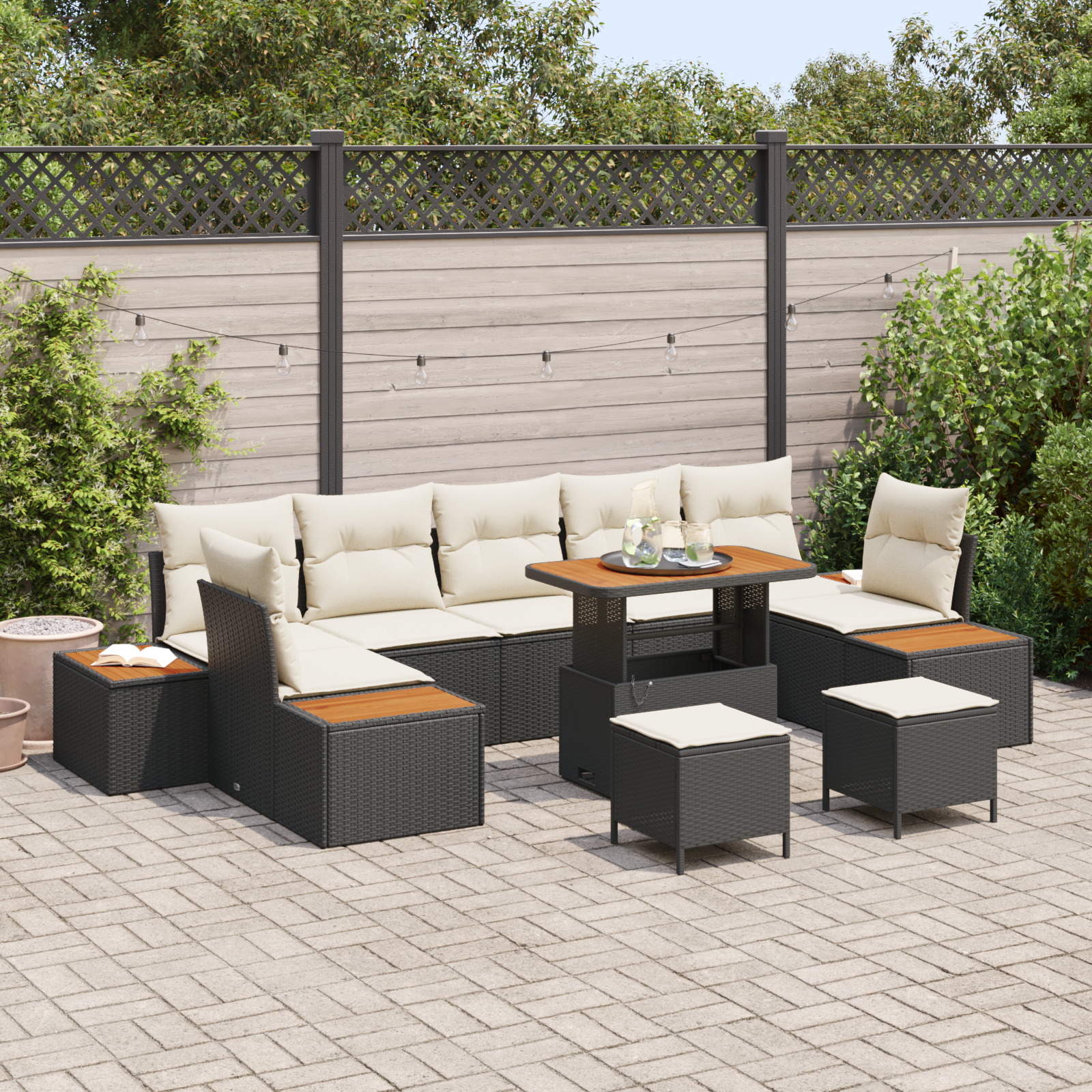 Trädgårdsoffset med kudde med lagring 10 pcs Svart Poly rattan