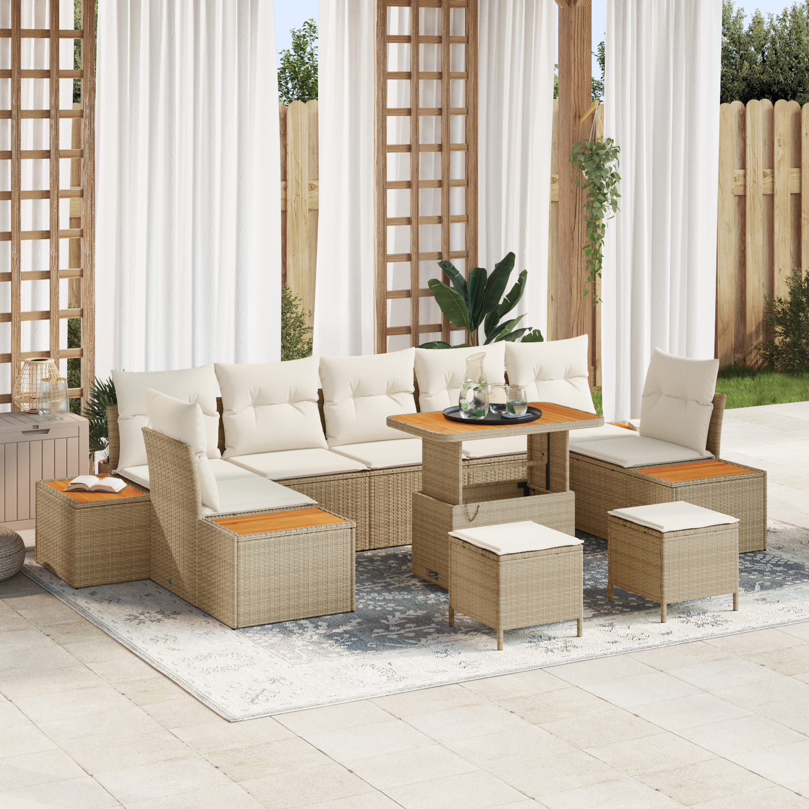 Trädgårdsoffset med kudde med lagring 10 pcs Beige Poly rattan