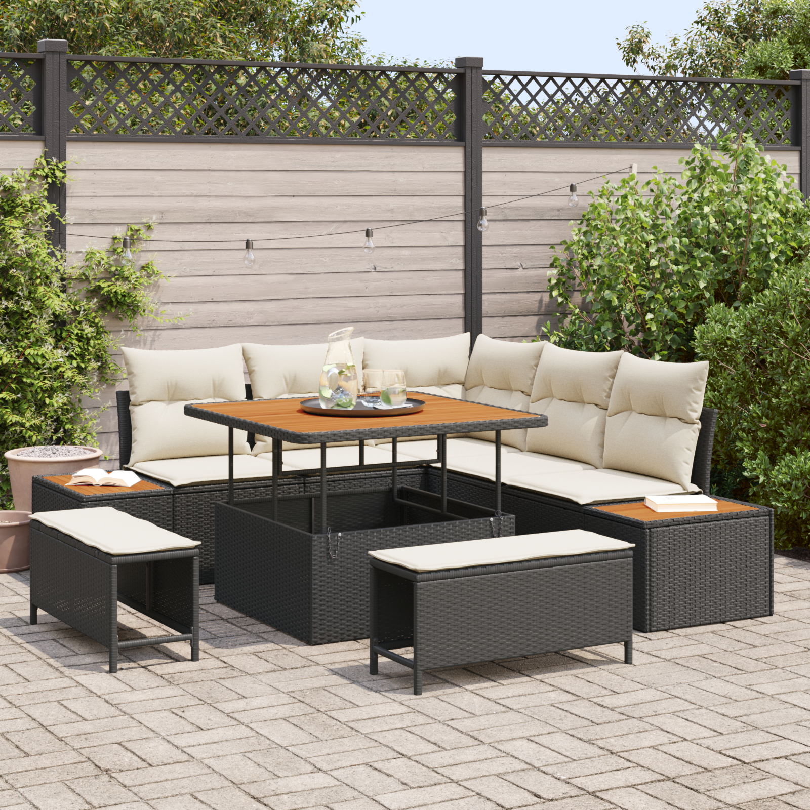 Trädgårdsoffset med kudde med lagring 8 pcs Svart Poly rattan