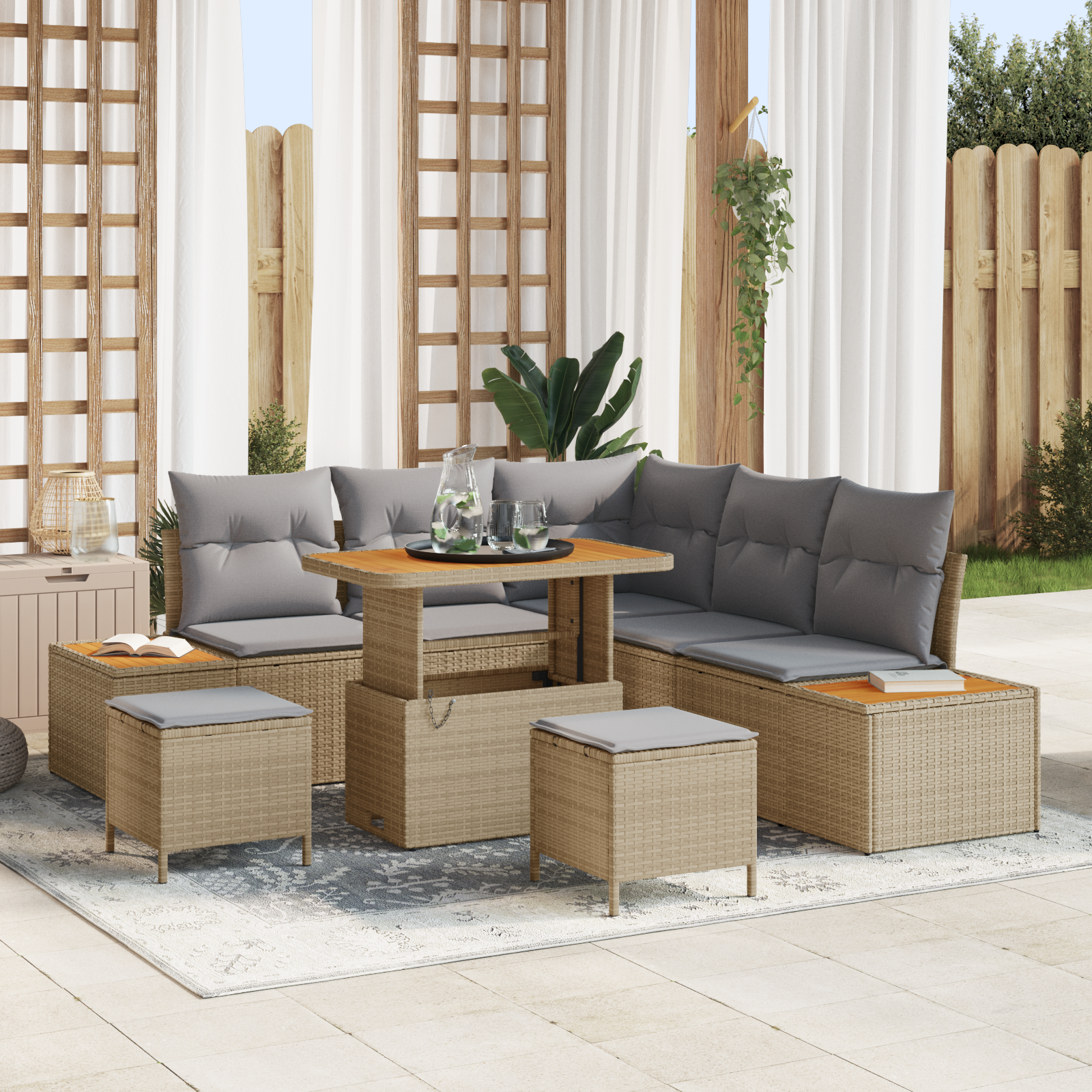 Trädgårdsoffset med kudde med lagring 8 pcs Beige Poly rattan