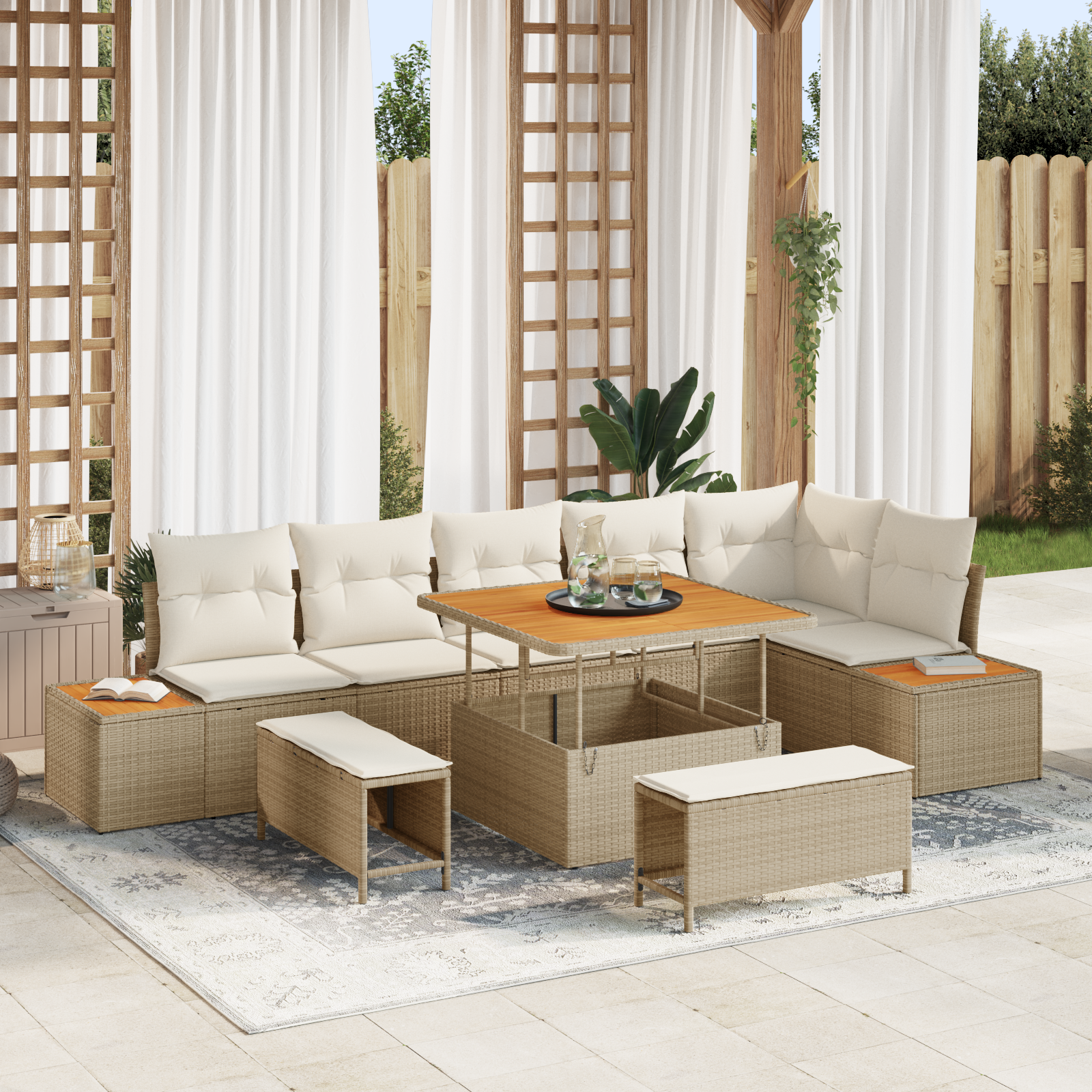 Trädgårdsoffset med kudde med lagring 9 pcs Beige Poly rattan