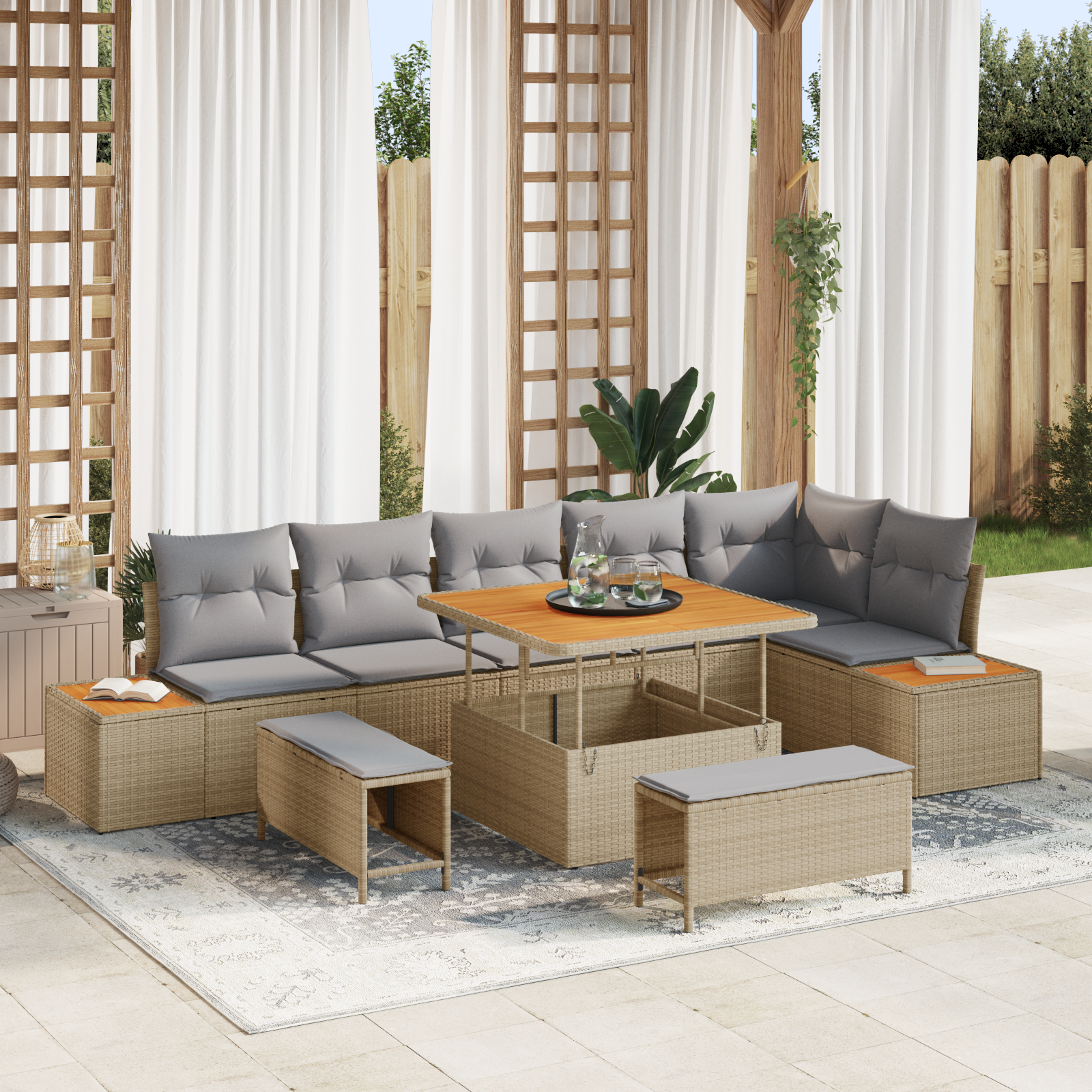 Trädgårdsoffset med kudde med lagring 9 pcs Beige Poly rattan
