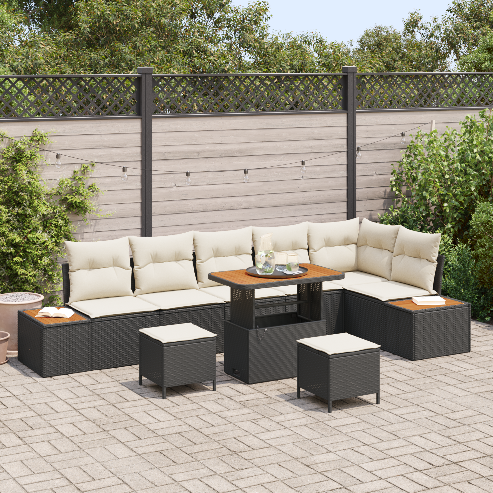 Trädgårdsoffset med kudde med lagring 9 pcs Svart Poly rattan