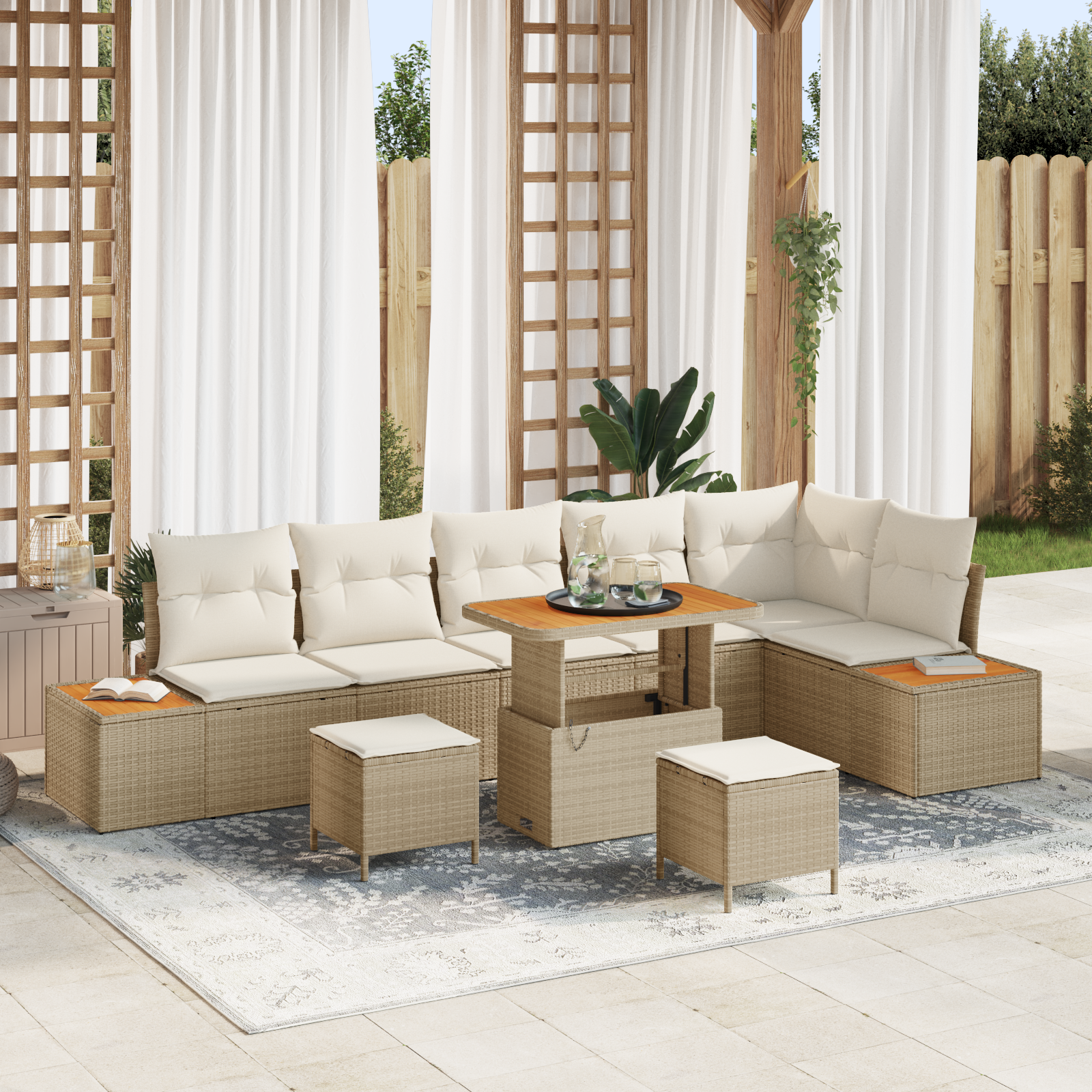 Trädgårdsoffset med kudde med lagring 9 pcs Beige Poly rattan