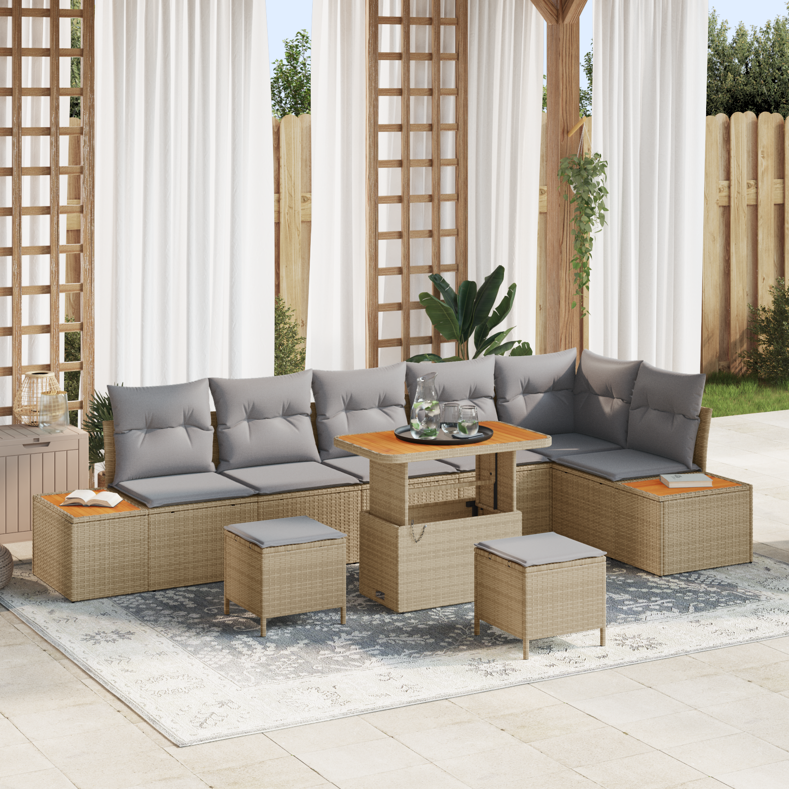 Trädgårdsoffset med kudde med lagring 9 pcs Beige Poly rattan