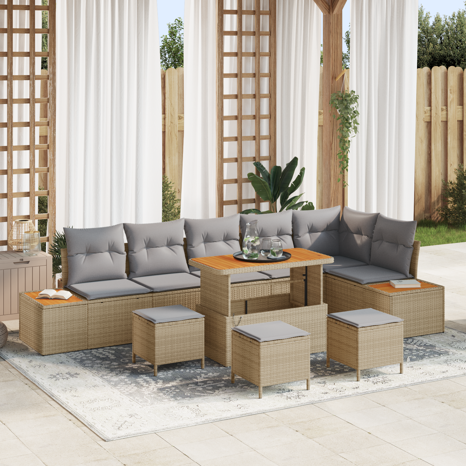 Trädgårdsoffset med kudde med lagring 10 pcs Beige Poly rattan
