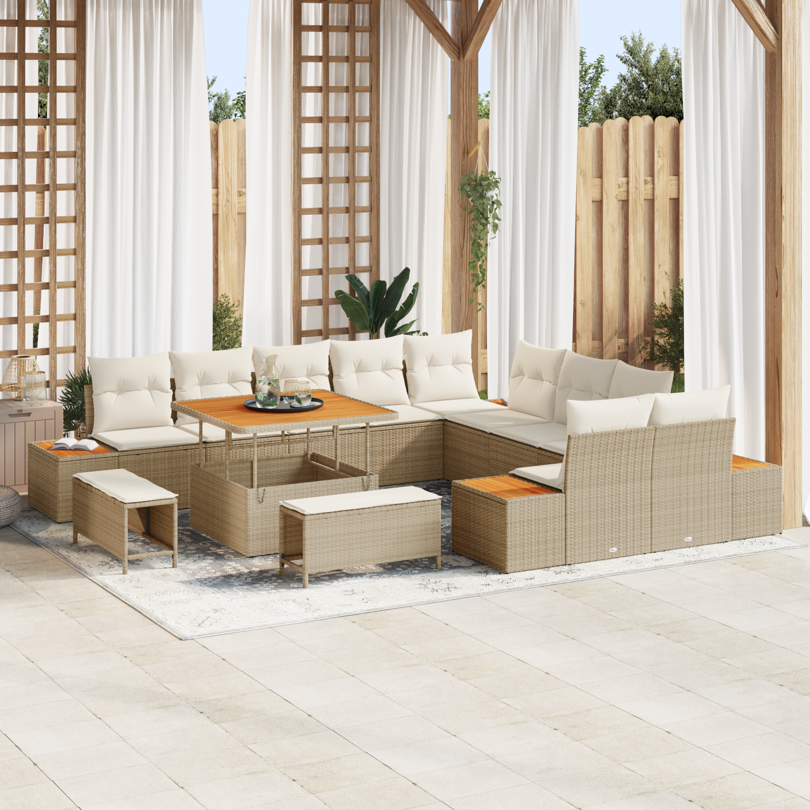 Trädgårdsoffset med kudde med lagring 13 pcs Beige Poly rattan