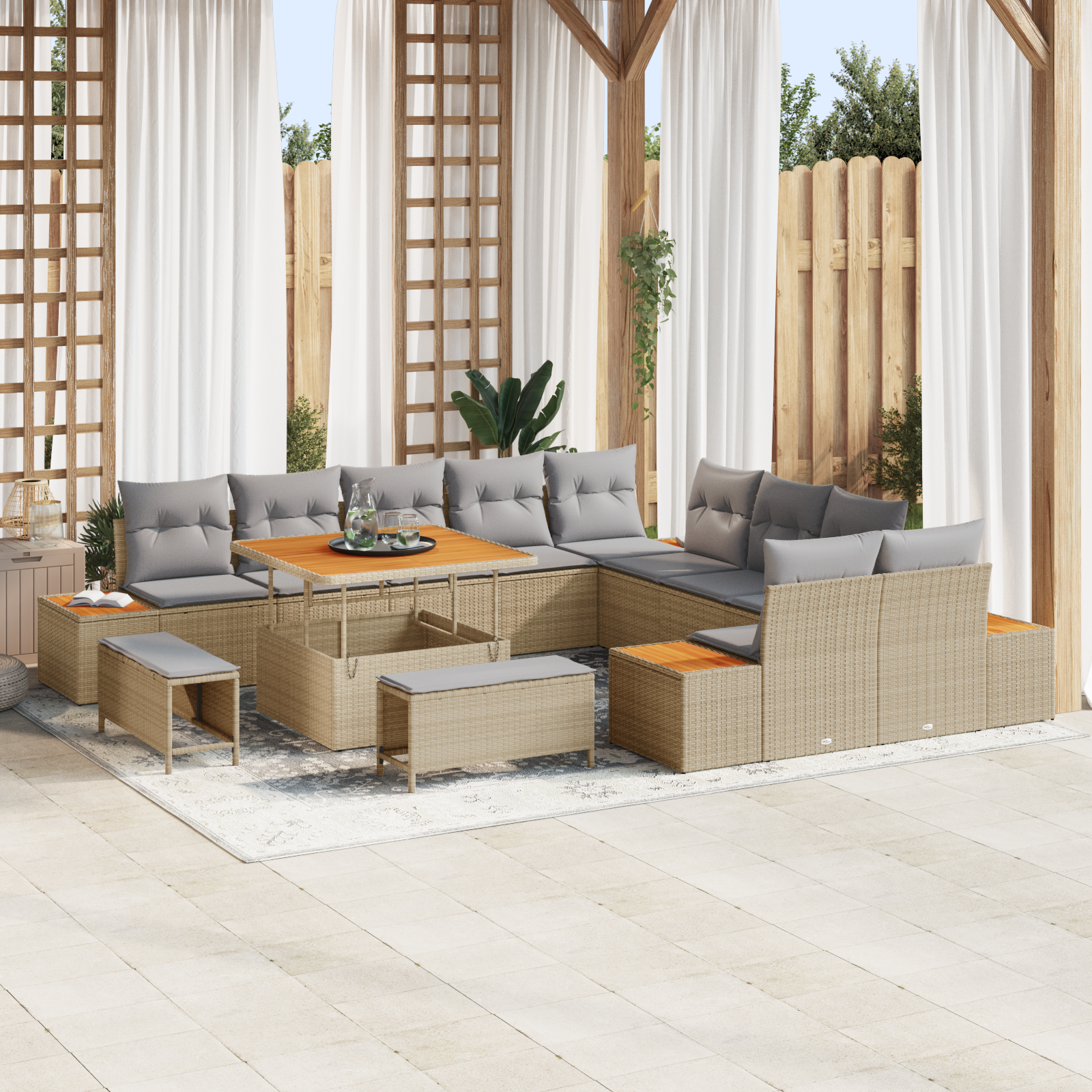 Trädgårdsoffset med kudde med lagring 13 pcs Beige Poly rattan