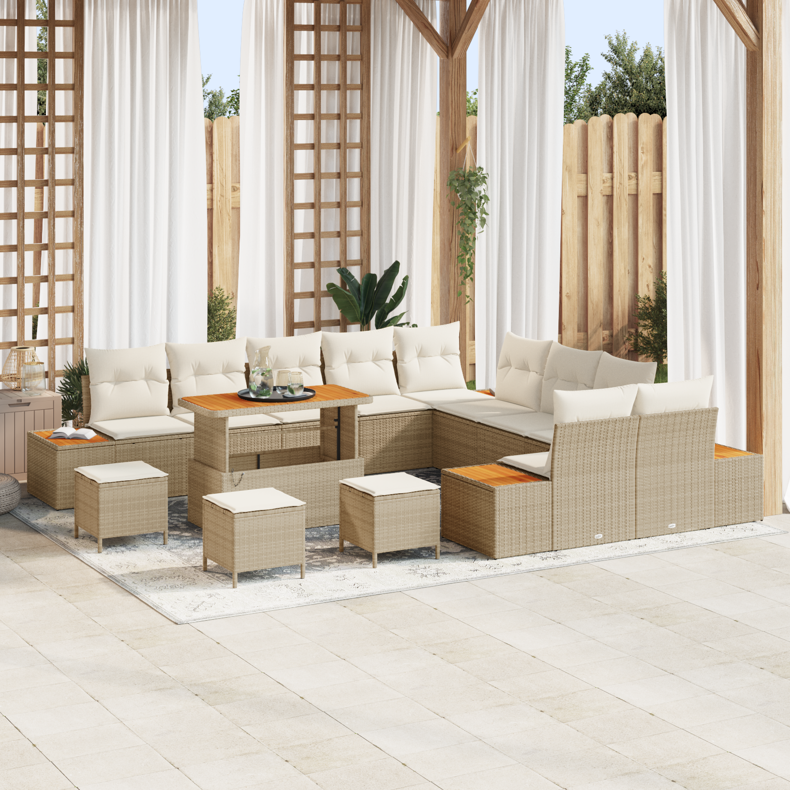 Trädgårdsoffset med kudde med lagring 14 pcs Beige Poly rattan