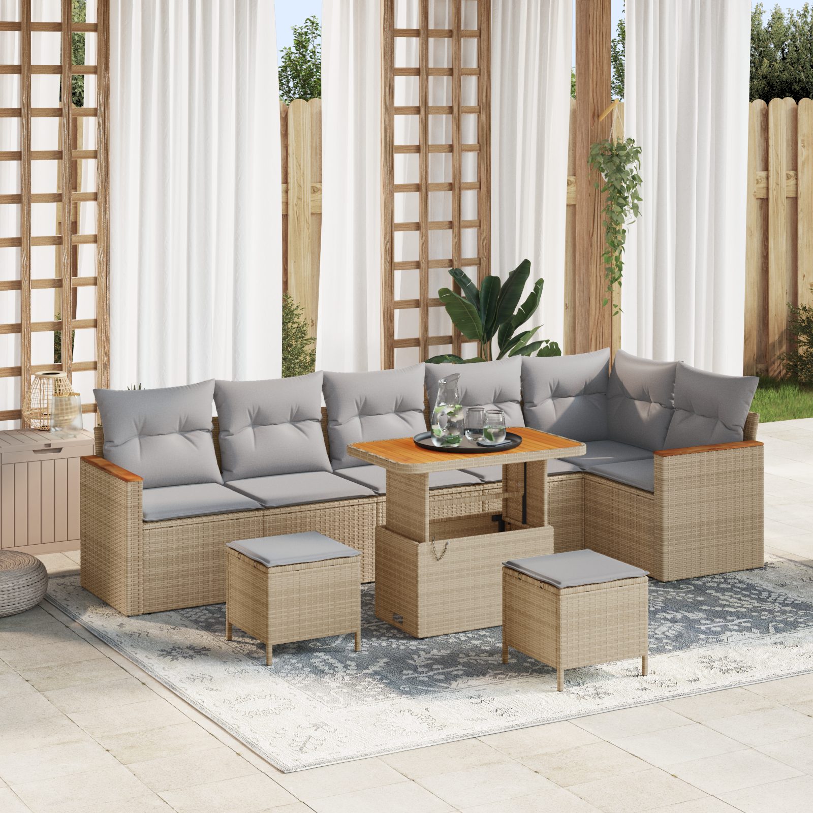 Trädgårdsoffset med kudde med lagring Beige Poly rattan