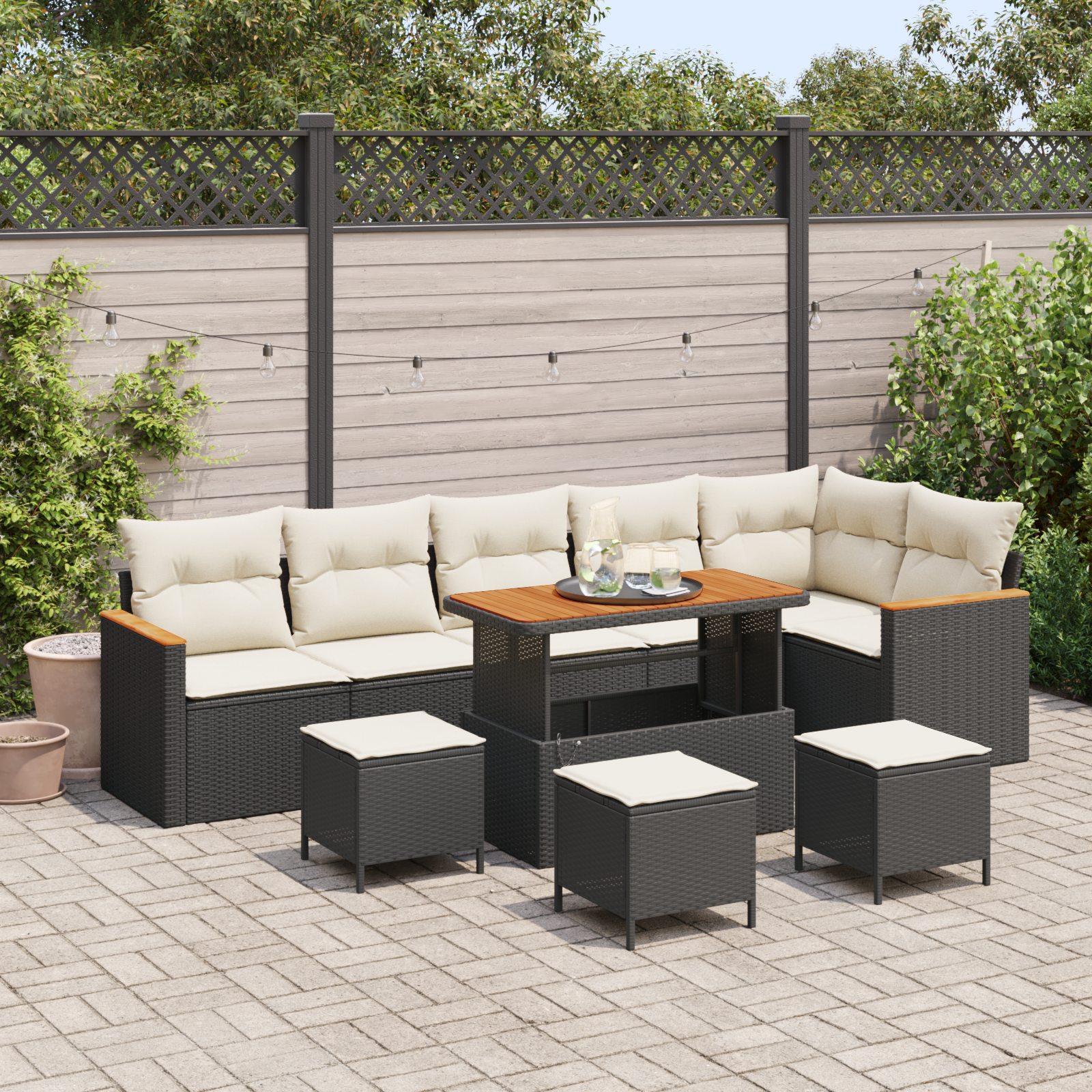 Trädgårdsoffset med kudde 10 pcs Svart Poly rattan