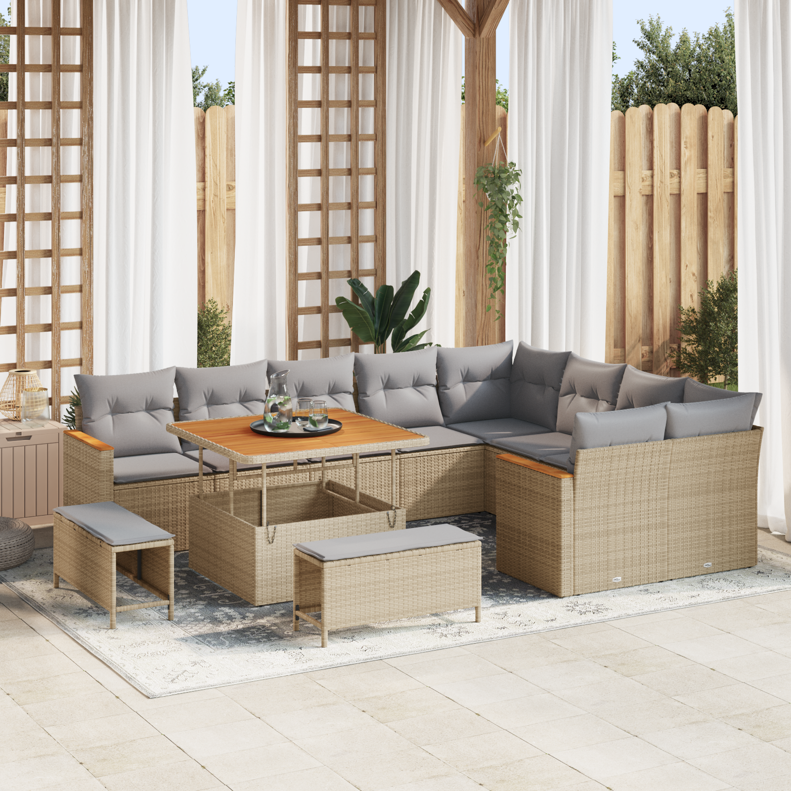 Trädgårdsoffset med kudde med lagring 12 pcs Beige Poly Rattan