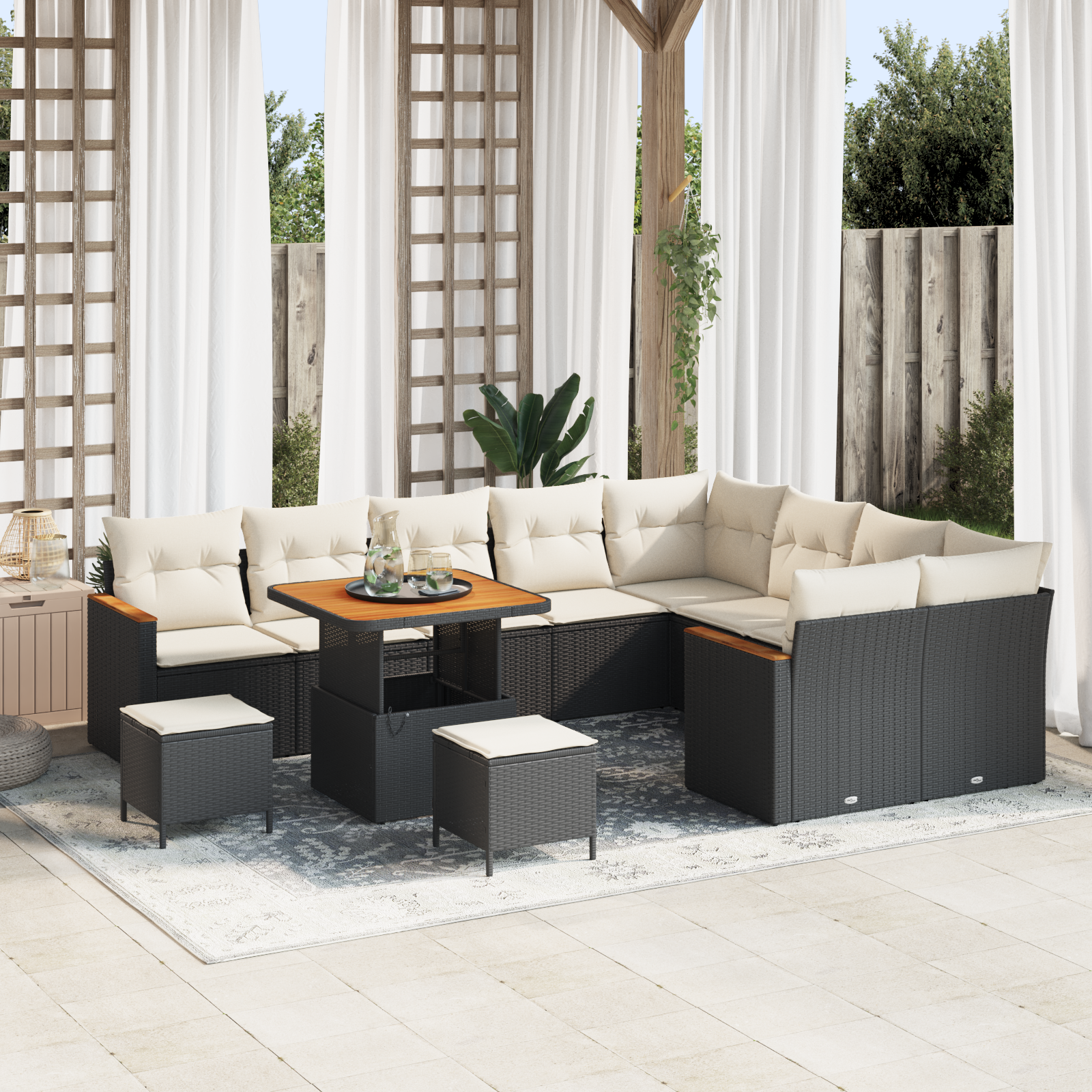 Trädgårdsoffset med kudde med lagring 12 pcs Svart Poly Rattan