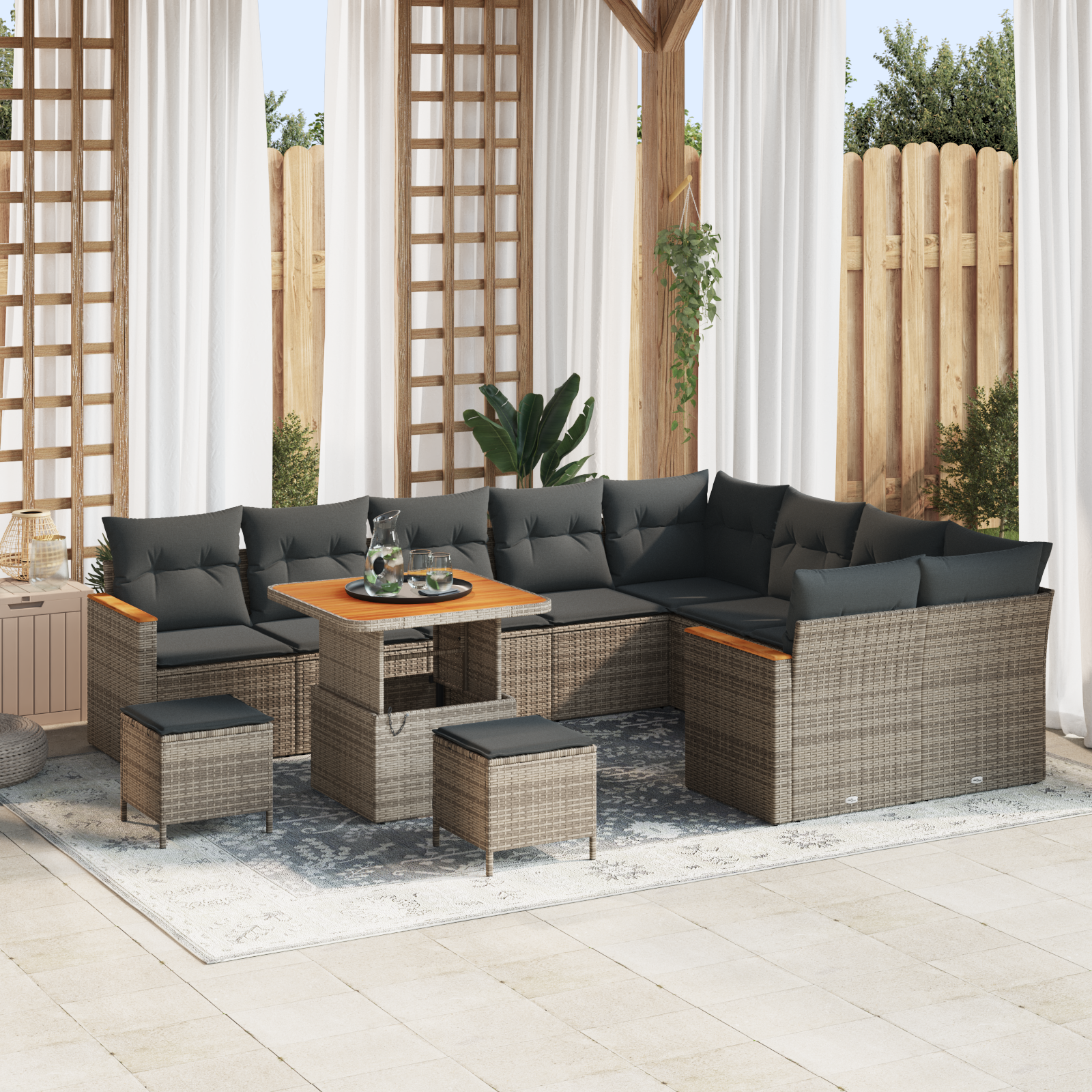 Trädgårdsoffset med kudde med lagring 12 pcs Grå Poly Rattan