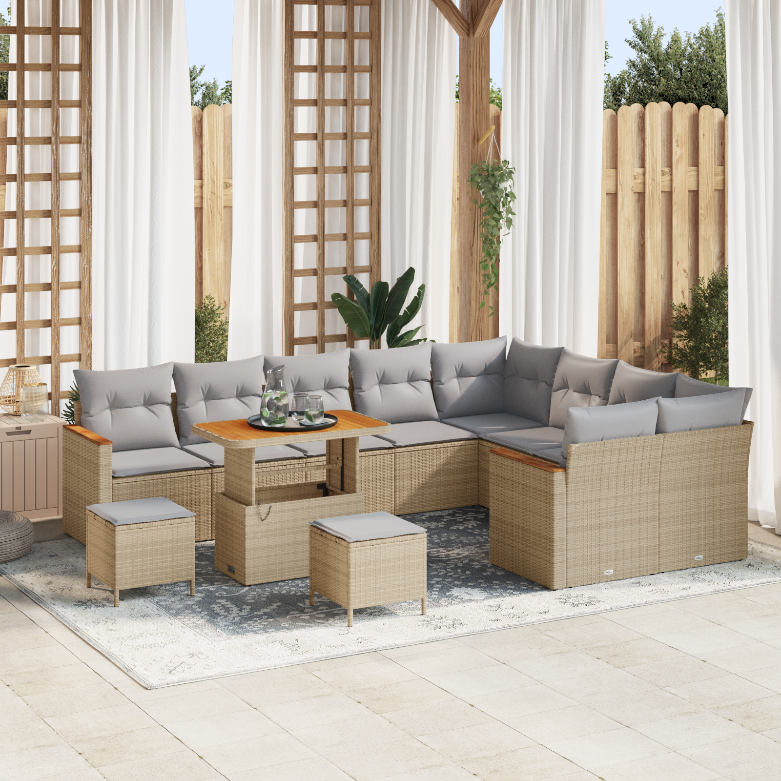 Trädgårdsoffset med kudde med lagring 12 pcs Beige Poly Rattan
