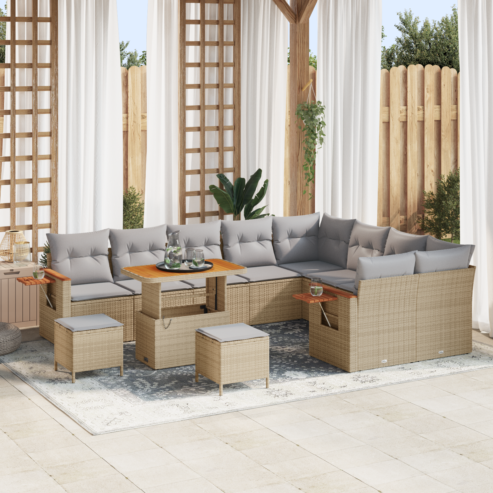 Trädgårdsoffset med kudde 13 pcs Beige och Ljusgrå konstrotting