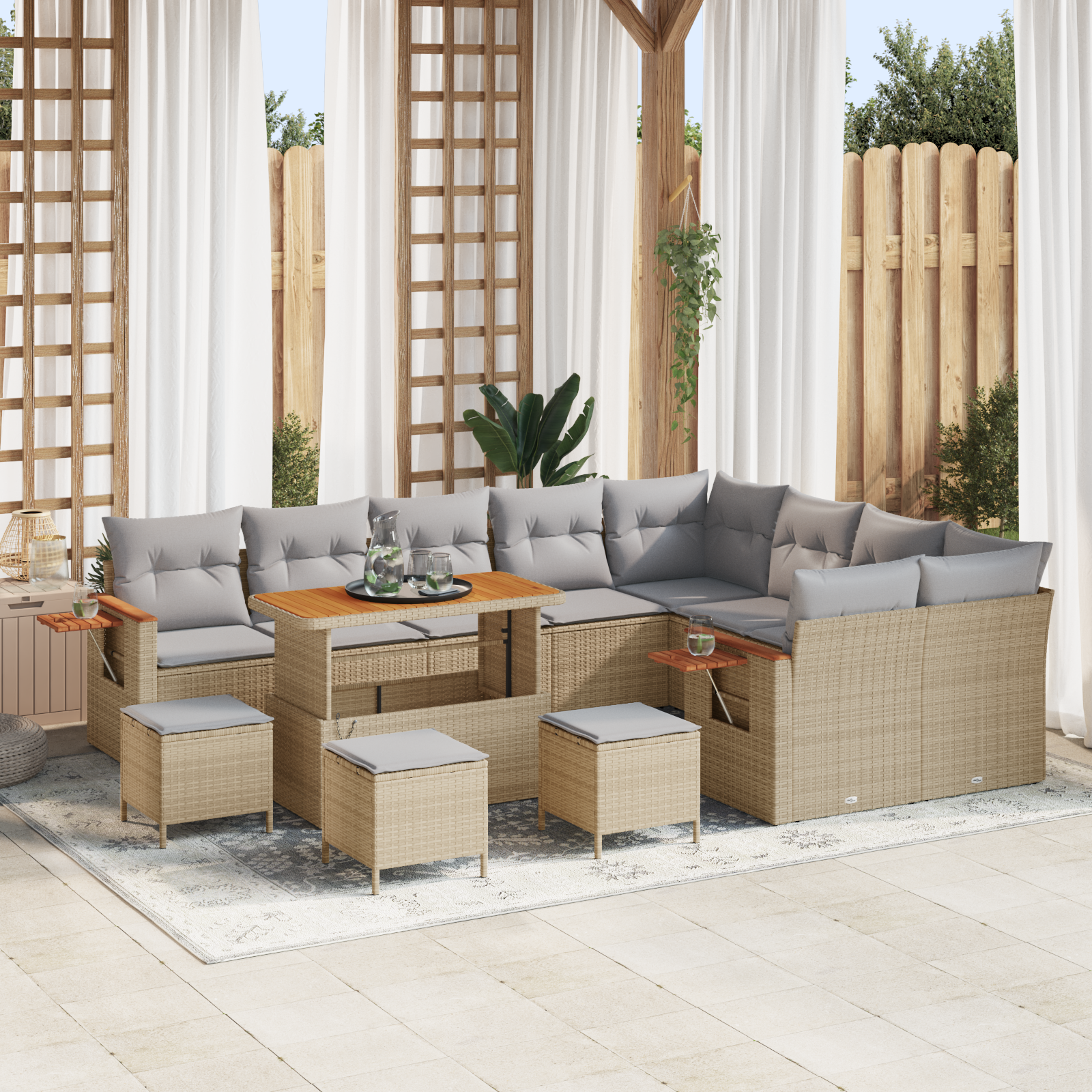 Trädgårdsoffset med kudde 14 pcs Beige och Ljusgrå konstrotting
