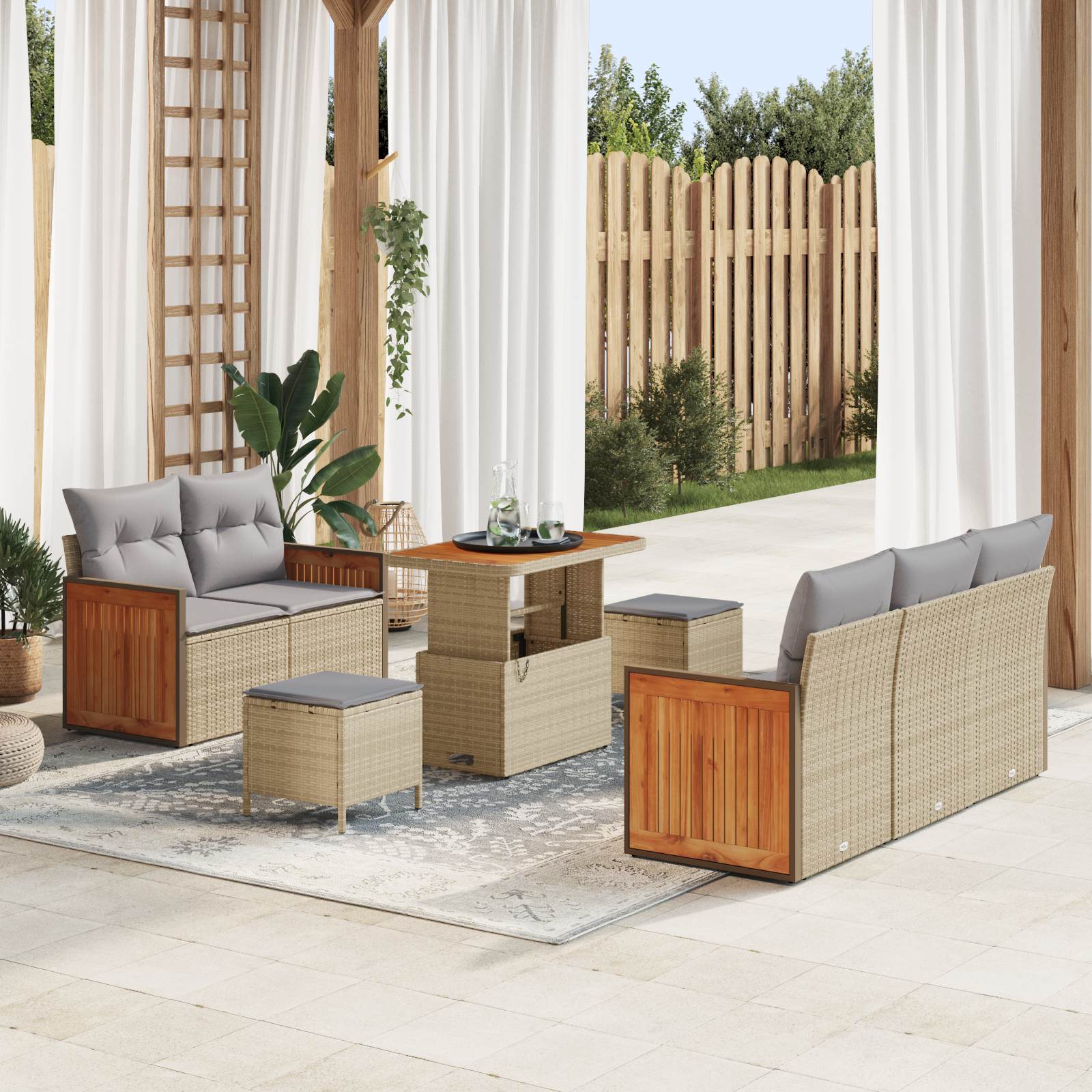 Trädgårdsoffset med kudde 10 pcs Beige och Ljusgrå konstrotting
