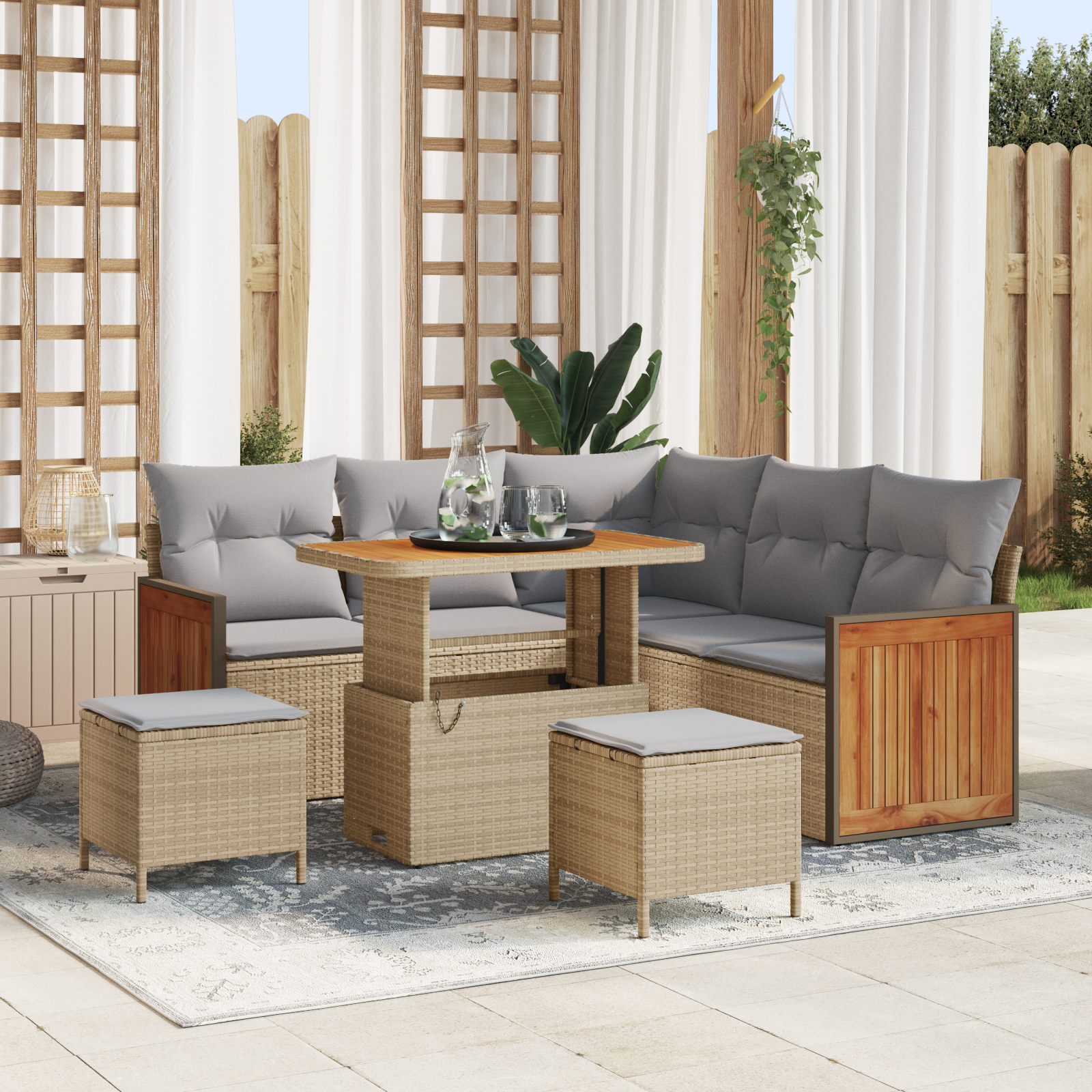 Trädgårdsoffset med kudde 9 pcs Beige och Ljusgrå konstrotting
