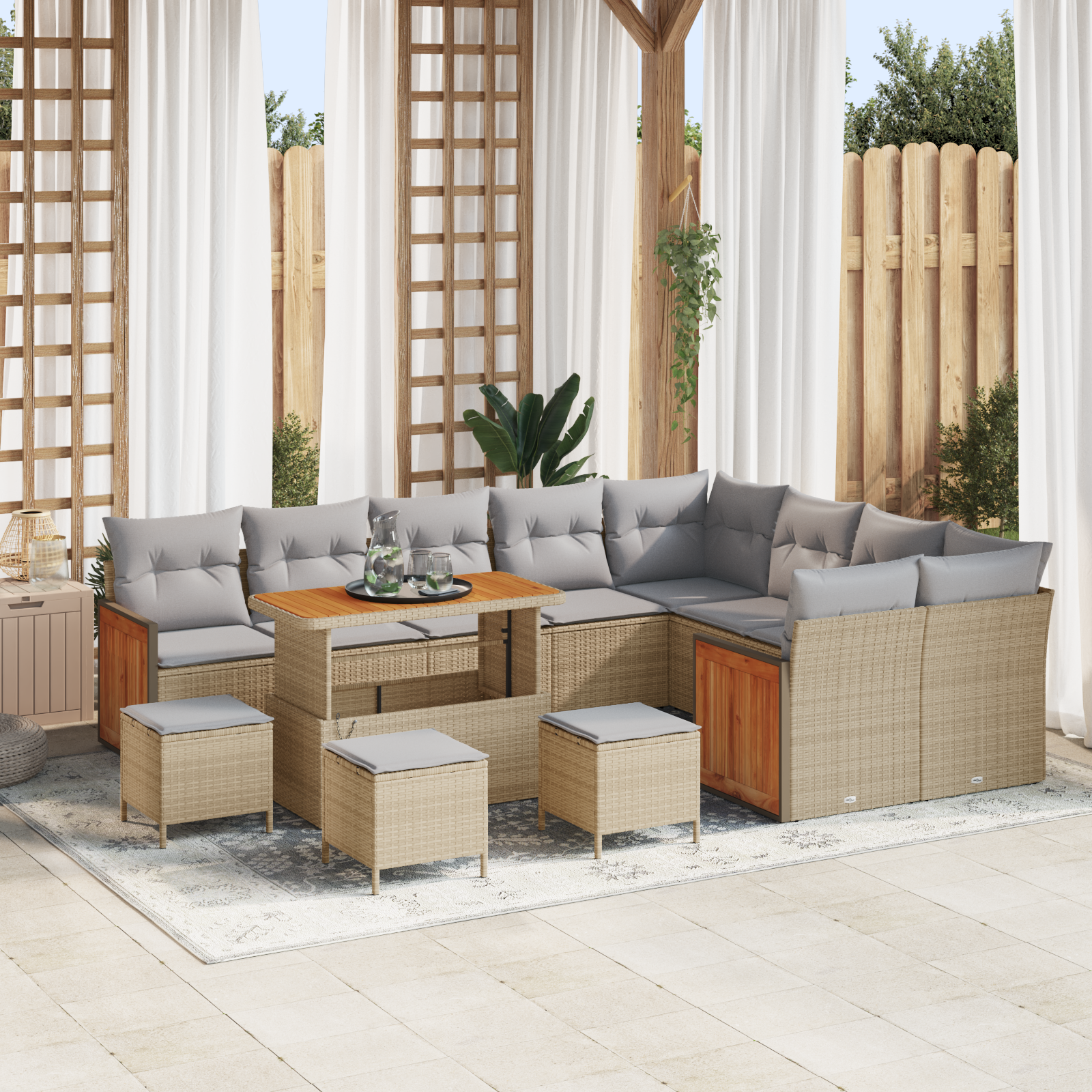 Trädgårdsoffset med kudde 14 pcs Beige och Ljusgrå konstrotting