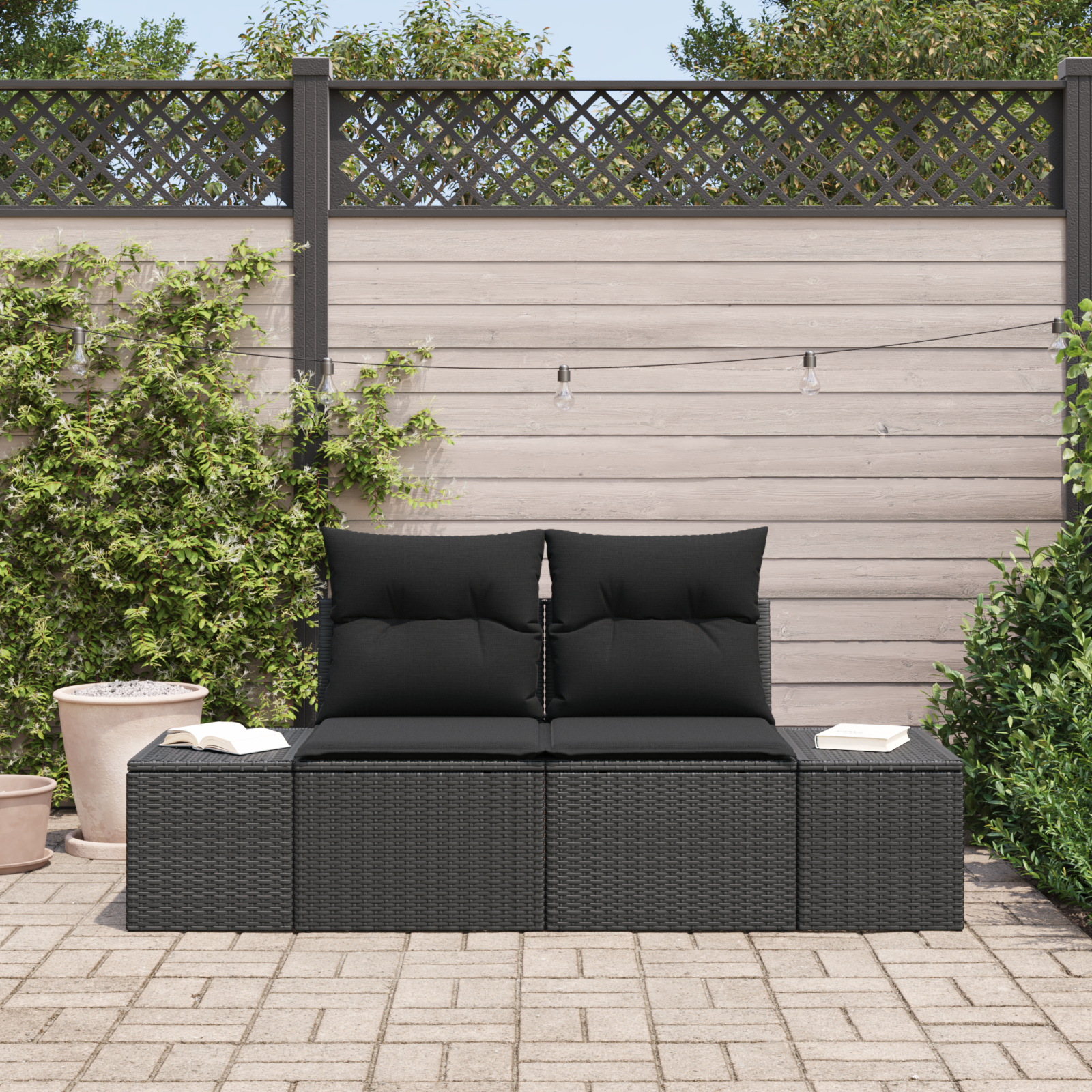 Trädgårdsoffa med kudde Svart 184 x 62 x 69 cm konstrotting