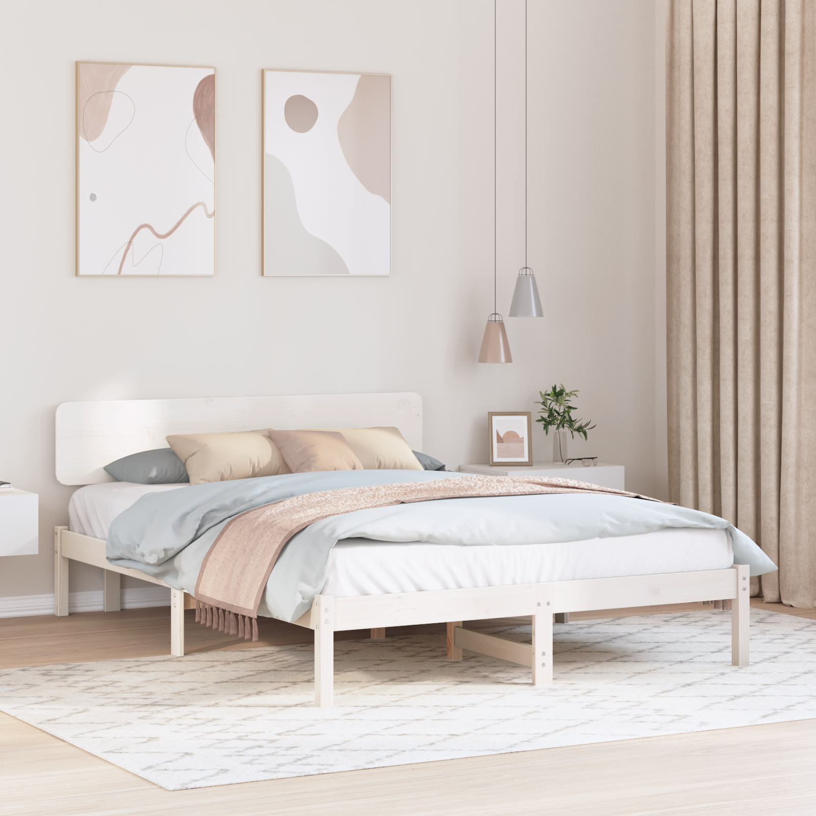 Sängram med huvudgavel Vit 160 x 200 cm Massiv furu