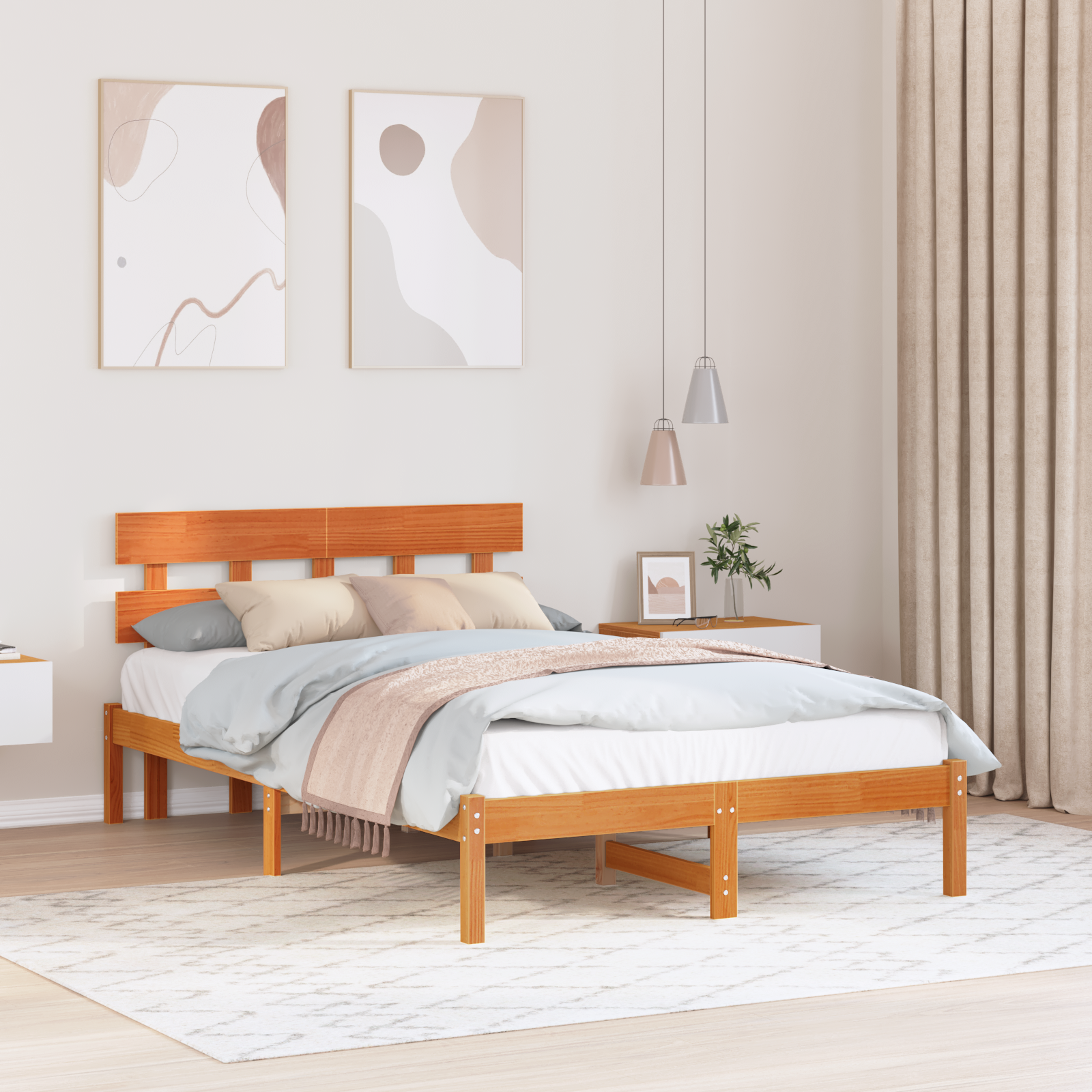 Sängram med huvudgavel Brun 135 x 190 cm Massivt tallträ