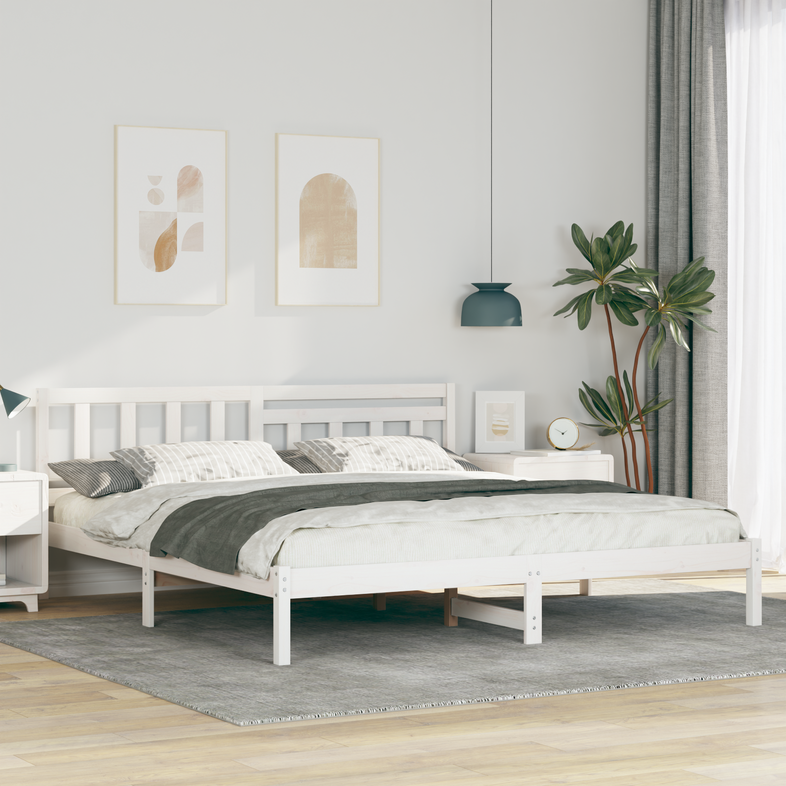 Sängram med huvudgavel Vit 200 x 200 cm Massiv furu
