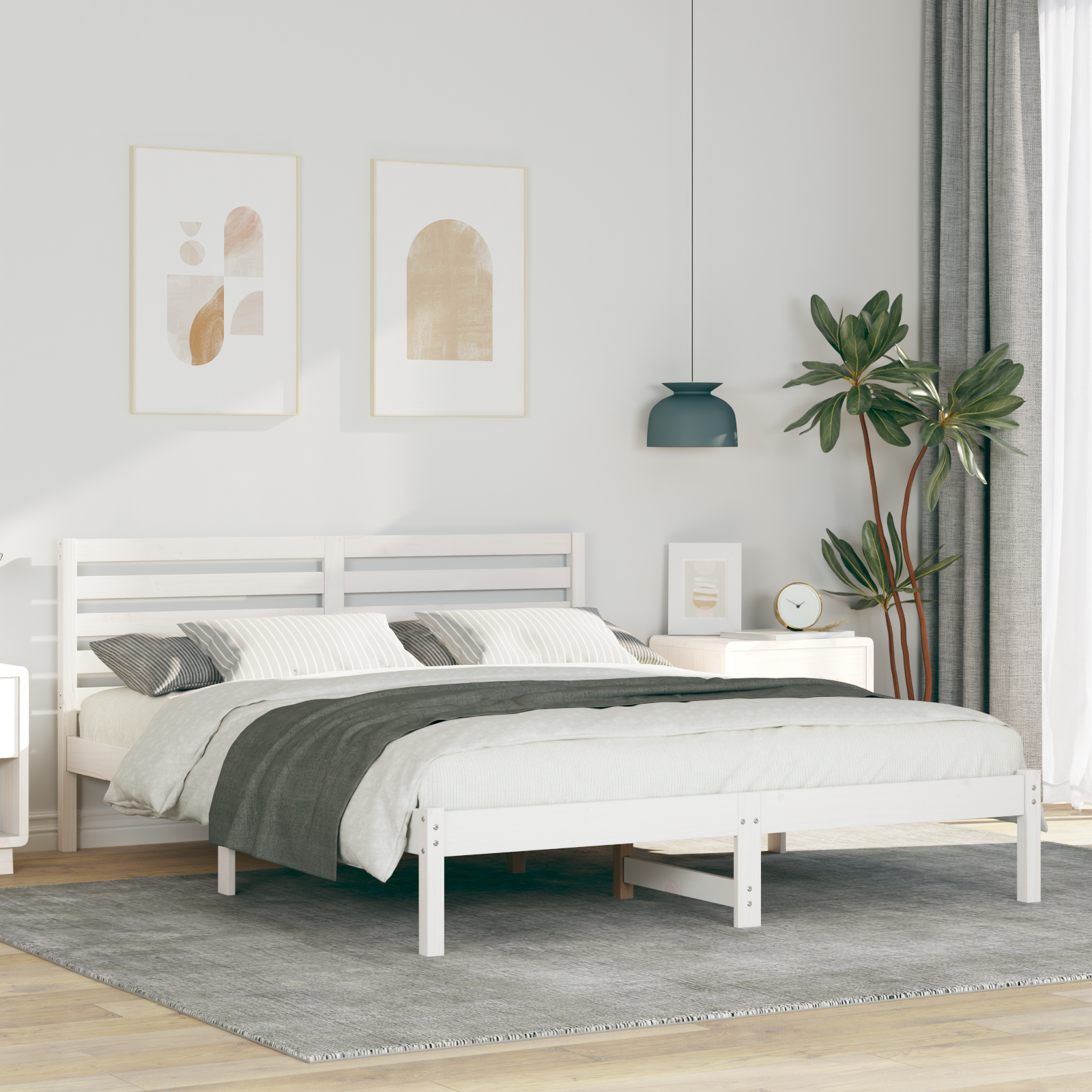 Sängram med huvudgavel Vit 150 x 200 cm Massiv furu